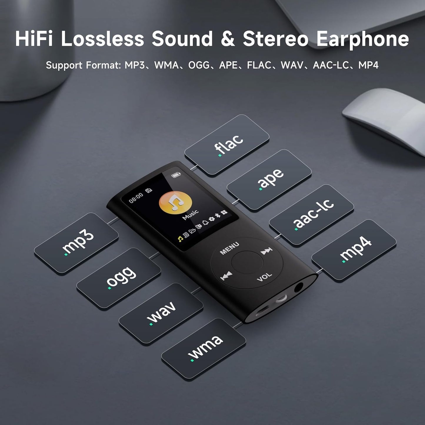 FKLBBLPM MP3 5.2, 32GB Player with Bluetooth Portable Music Player with Memory Card, Stereo Earphone, Voice Recorder
