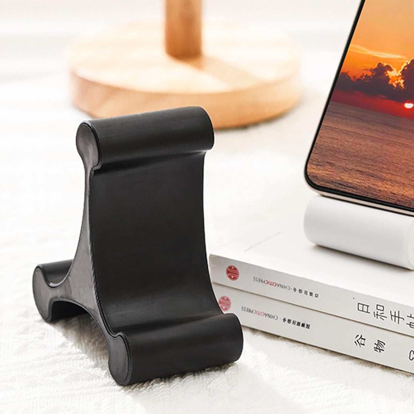 AGFELO Triangle Desktop Phone Holder Stand for Cellphone and Tablet, Black Triangular Desk Mount Rack for Mobile