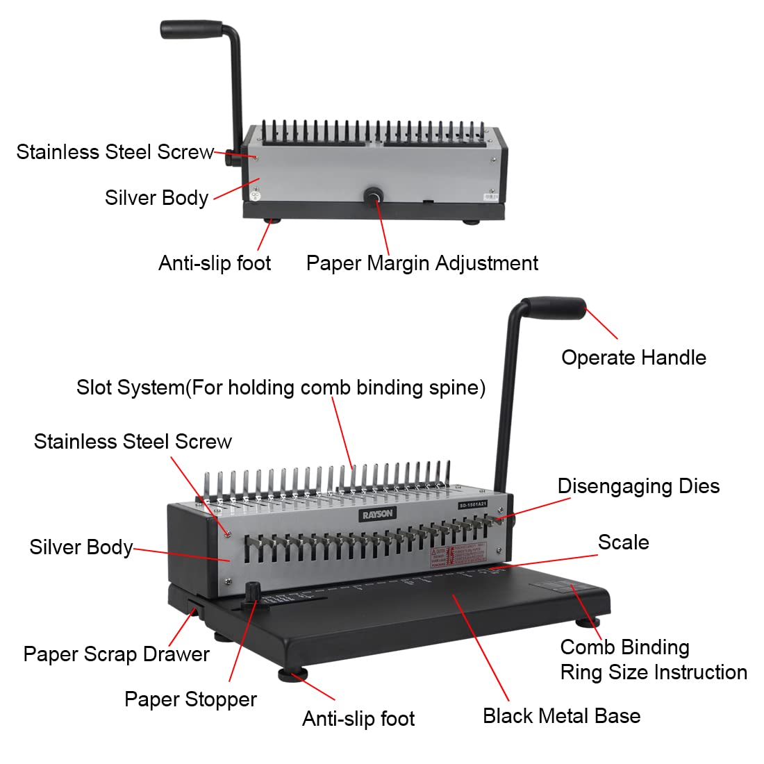 Rayson SD-1501A21 Binding Machine with Combs Set - 21 Hole / 200 Sheets Comb Binder for Punching or Binding