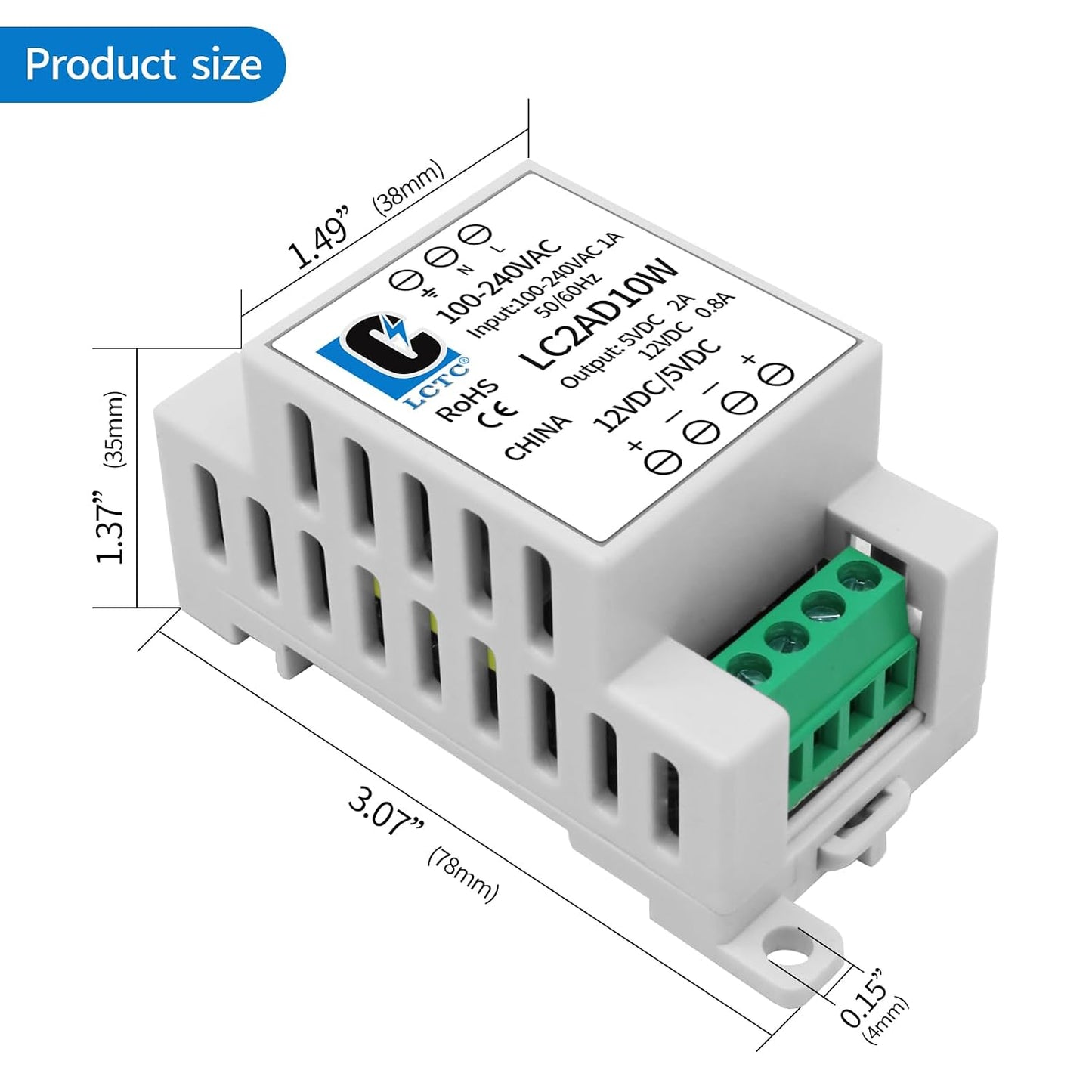 LCLCTC 5V 12V Rail2A 0.8A,Dual 10W,Input 100-240Vac,120VAC 115v 5 Power Supply din Output to Volt, LED, CCTV, Arduino