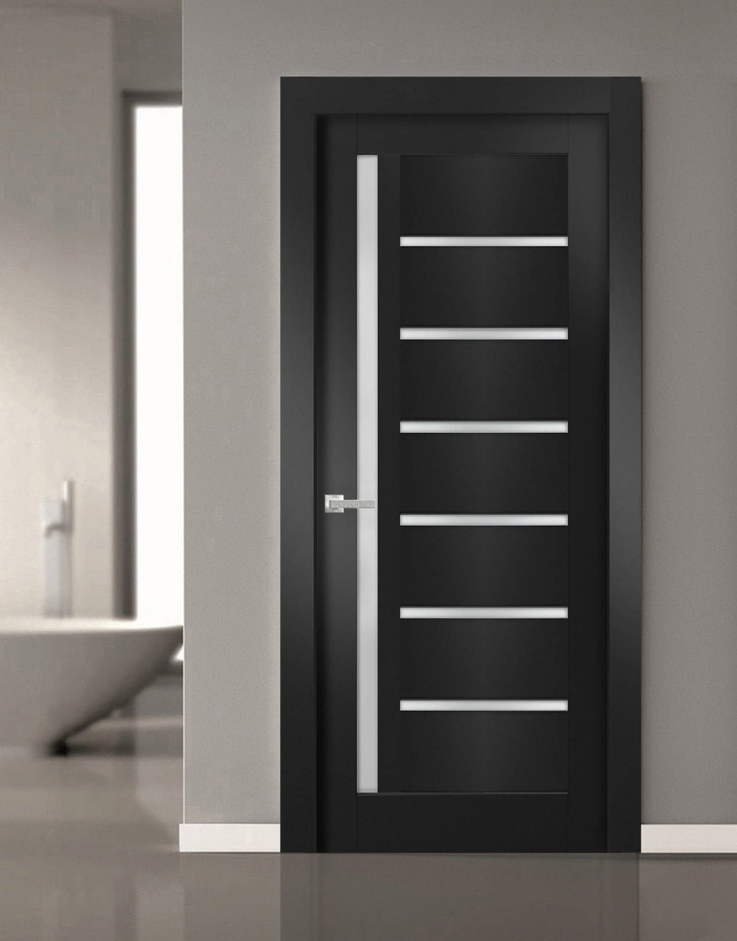 SARTODOORS Solid Interior French 42 x 96 inches | Quadro 4088 Matte Black with Frosted Glass | Single Regular Panel Frame Trims Handle | Bathroom Bedroom Sturdy Doors