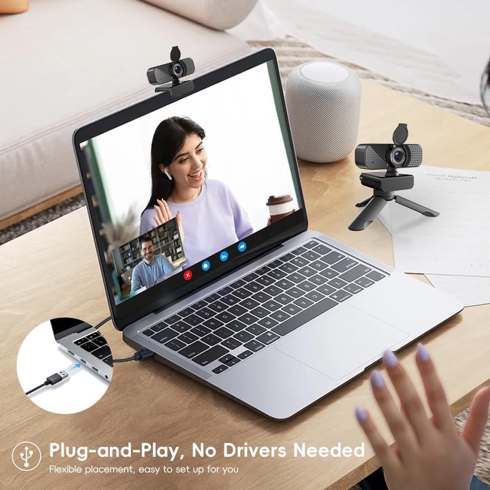 Kemeiv 2K Webcam PC Webcam with Microphone and Physical Privacy Cover, Noise-Canceling Microphone, Auto Light