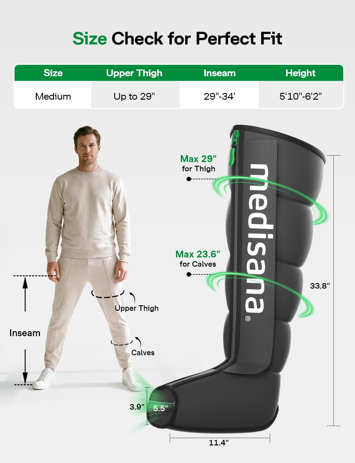 Medisana Leg Massager with Heat and Compression, Leg Massager for Circulation and Pain Relief, Compression Boots with 5 Modes & 3 Heat Levels for Edema Relief, Gifts for Mom, Dad, Him, Her
