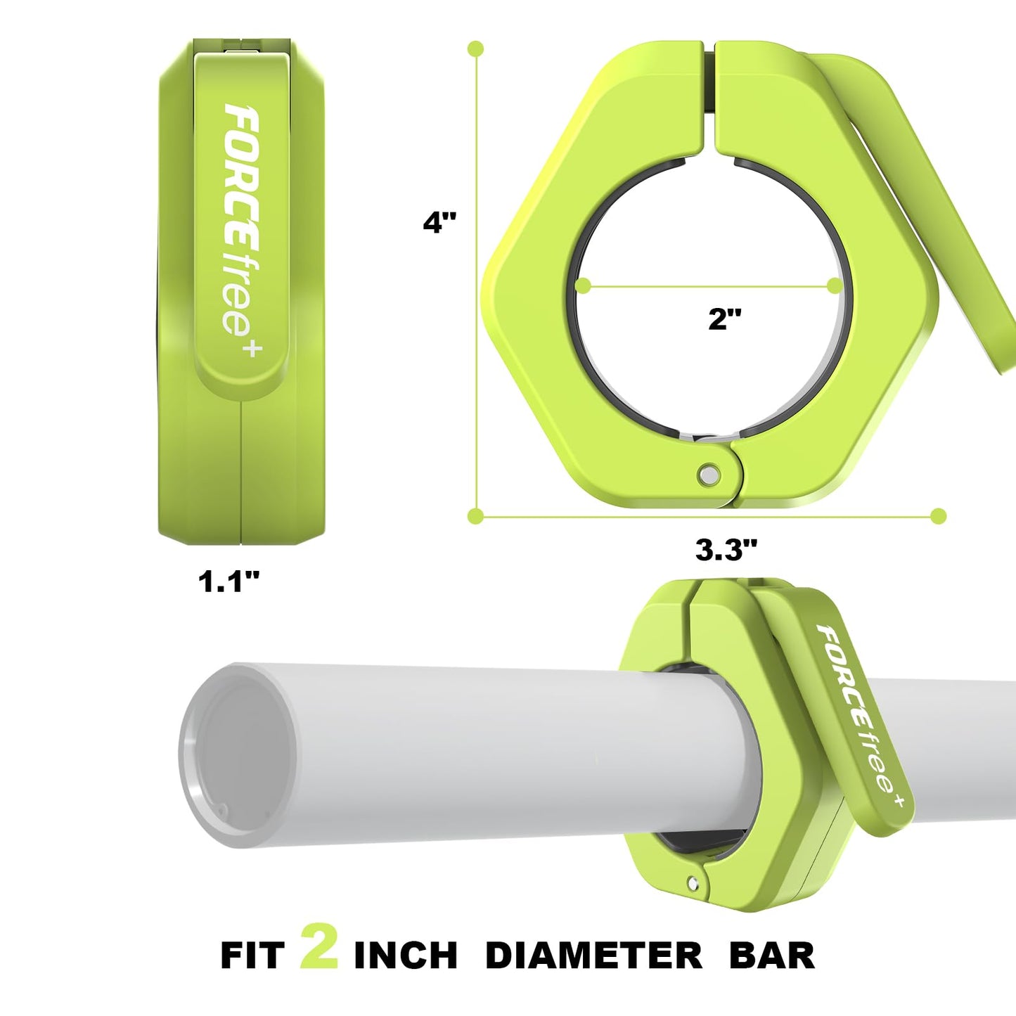 Forcefree+ Barbell Clips (Pair), Barbell Clamps, Quick Release Olympic Barbell Clamps with Anti Slip TPR Grip, Barbell Collars for Secure Weightlifting & Powerlifting (Magnetic, Green)