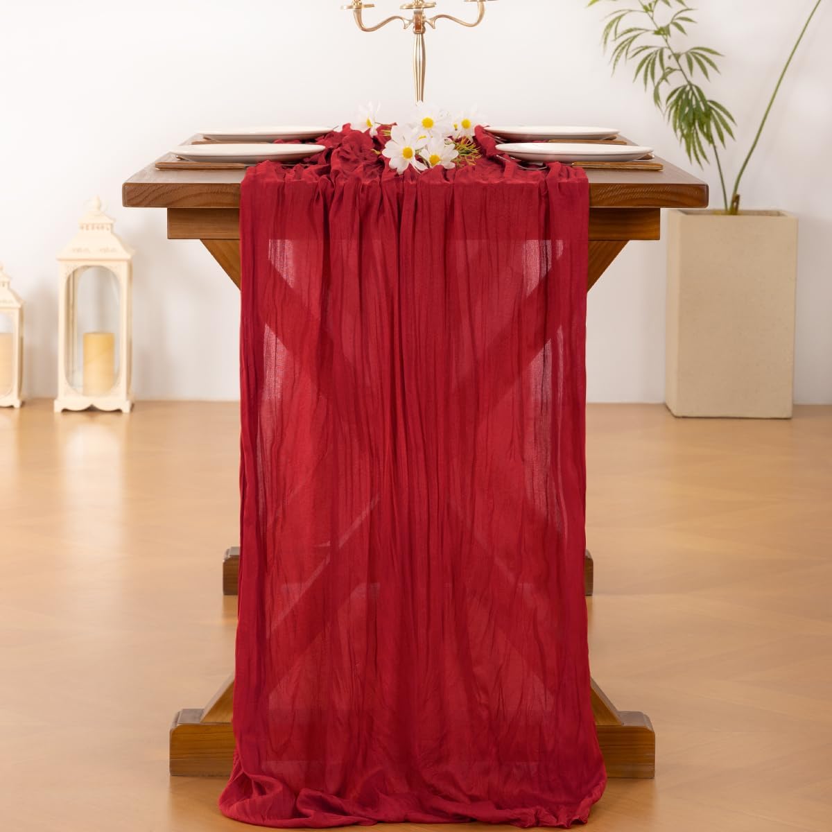 Socomi Cheesecloth Table Runner - 3pcs Red Boho Rustic Design | 120 Inch for Weddings & Events