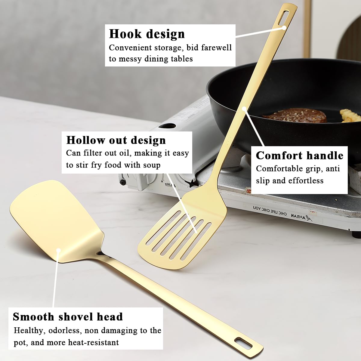 Evanda Gold Kitchen Utensils Set 6pcs, Titanium Plating Stainless Steel Cooking Utensils Set, Heavy Duty Kitchen Tools Spatulas Set, Home Essentials Kitchen Gadgets Accessories