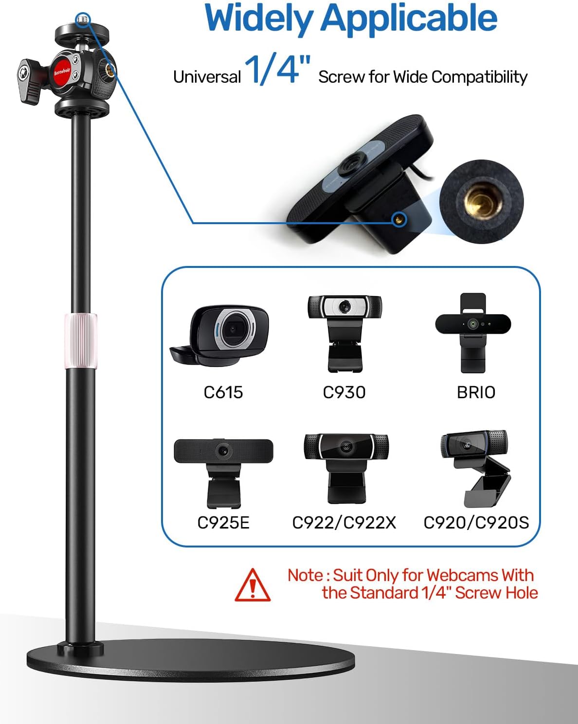 Borenbuir 4K C922 C930e C920S C920 C960 C920x 1/4" Webcam Stand for Desk, Height Adjustable, Desktop Webcam Tripod