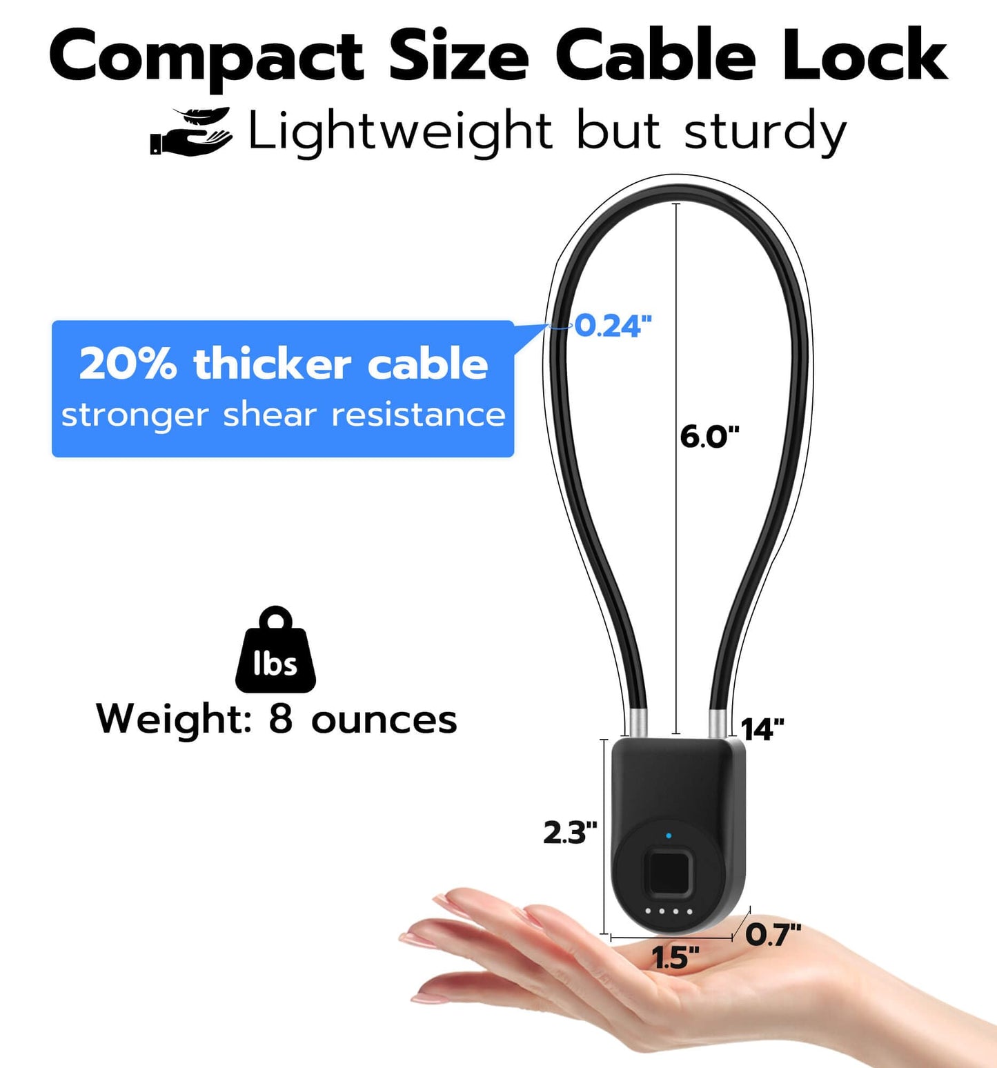 Anweller Fingerprint Cable Lock, 14" Long Shackle Small Padlock, Keyless Entry Biometric Bluetooth Smart Waterproof Combination Pad Lock for Gate Outdoor Fence Fridge Cabinet Locker Pool Bike - Black