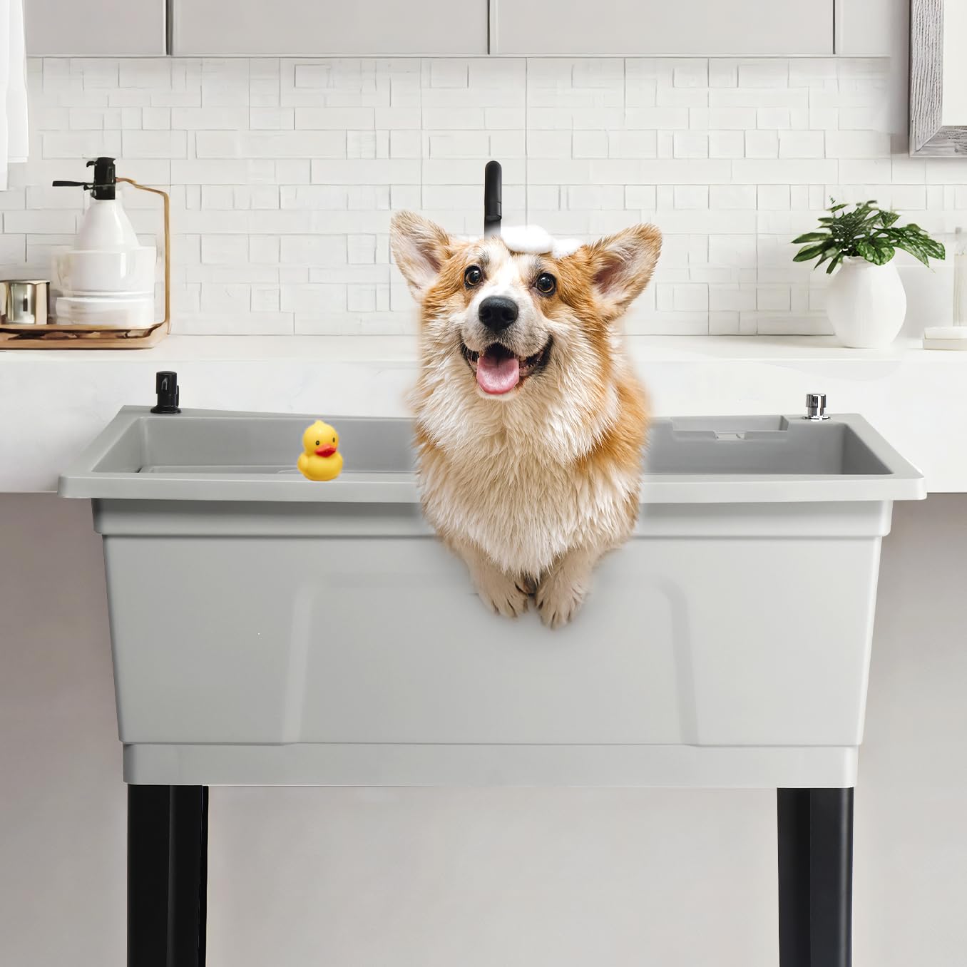 Bonnlo 37-Gallon Freestanding Utility Sink with Faucet, 36" Heightened Basin for Laundry, Garage, Outdoor Garden, Pet Wash, Heavy Duty Plastic Laundry Tub with Storage Shelf, 40"L×24"W×36"H (Gray)