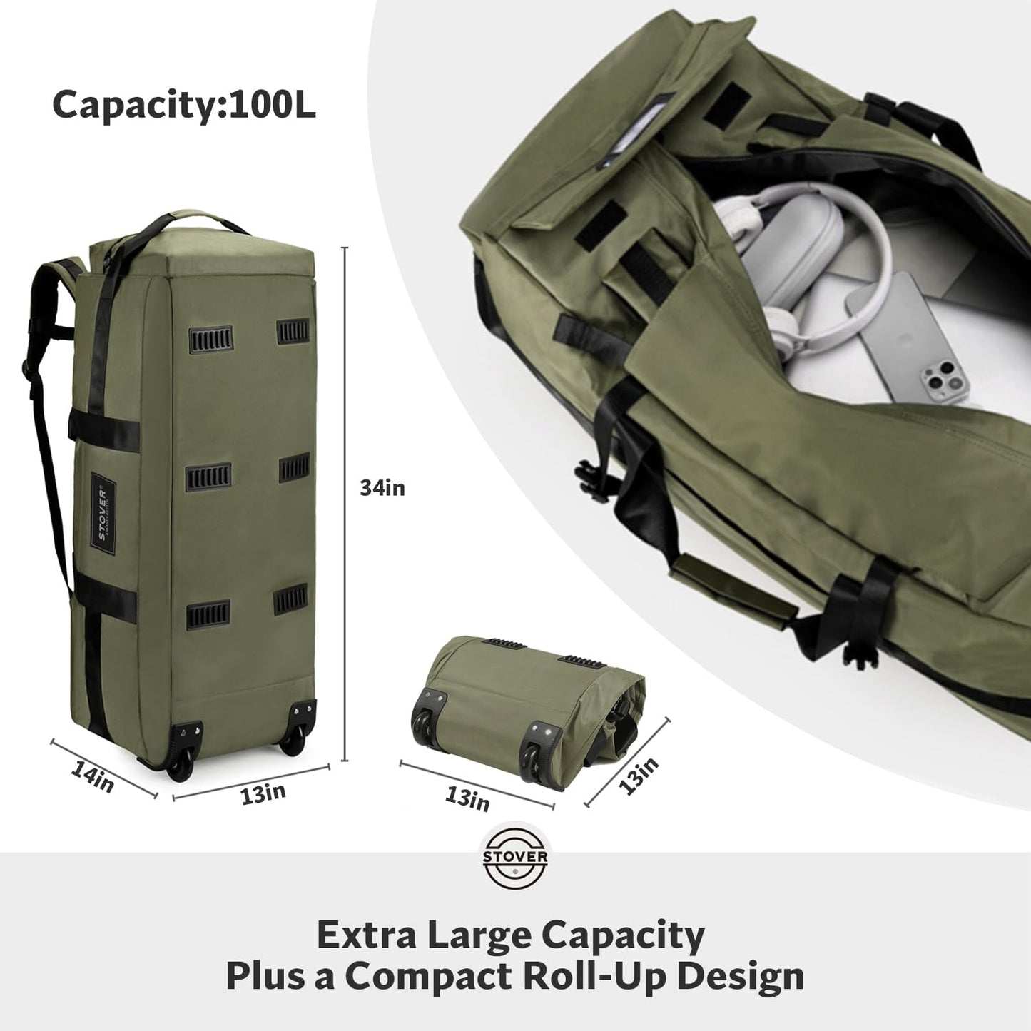 STOVER 45/80/100L Rolling Duffel Bag with Wheels, X-Large Durable Travel Duffle + Toiletry Bag, Heavy Duty, Packable with Shoulder Straps- Use as Luggage or Backpack, Men/Women (Green)