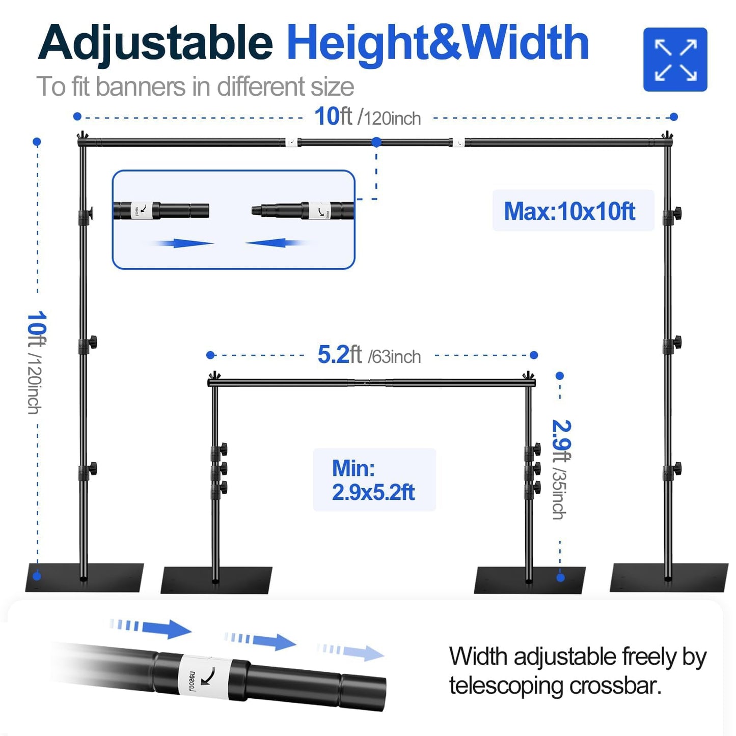 EMART Backdrop Stand, 10x10ft Width Adjustable Photography Background Support Poles with Heavy Duty Flat Base, Photo Metal Steel Pipe and Drape Frame Kit for Parties Birthday Wedding - Black
