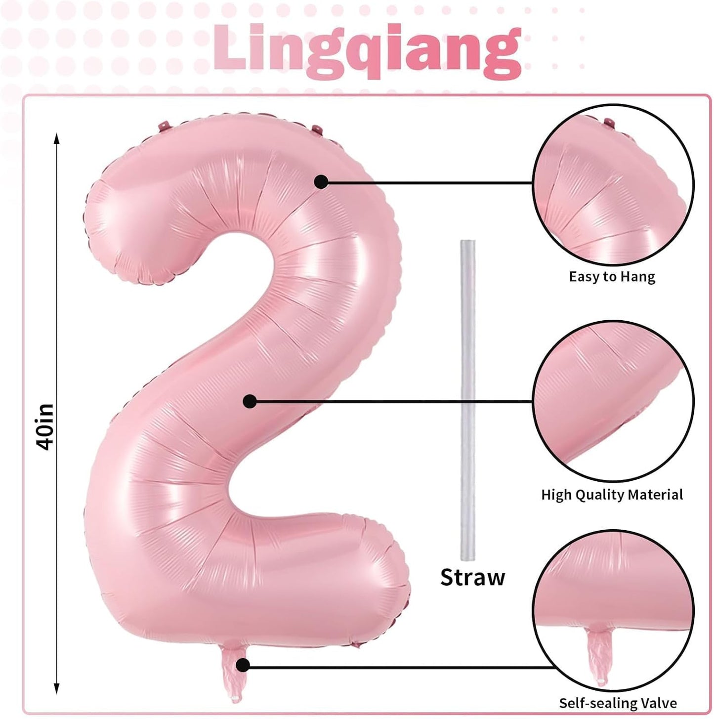 Skiennix 40-Inch Pastel Pink Number 2 Balloon - Large Foil Helium Balloon for 2nd Birthday & Graduation Celebrations