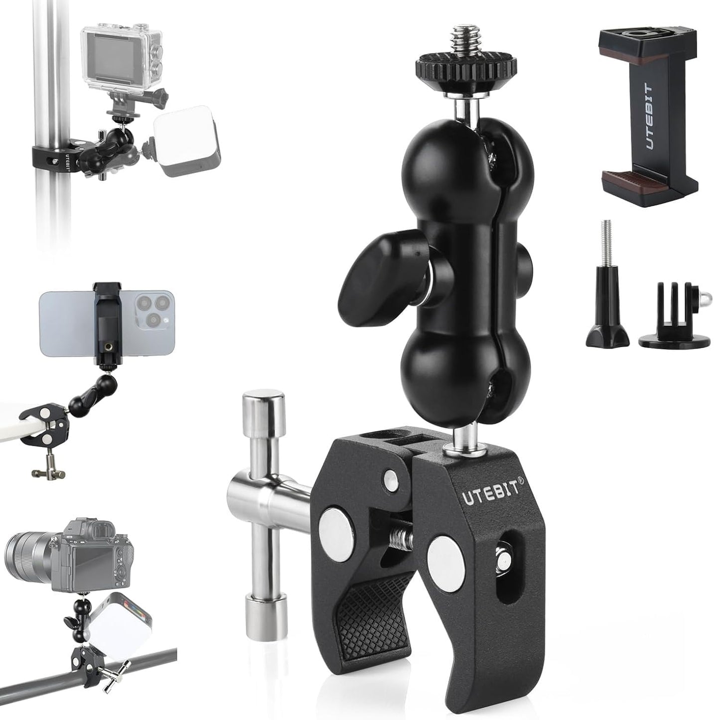 UTEBIT Super Clamp Camera Mount with 360° Ballhead Magic Arm, Super Clamp Mount with 1/4" and 3/8" Thread, Desk/Bike/Bicycle/Motorcycle/Handlebar for GoPro, Phone, Camera, Monitor, LED Light
