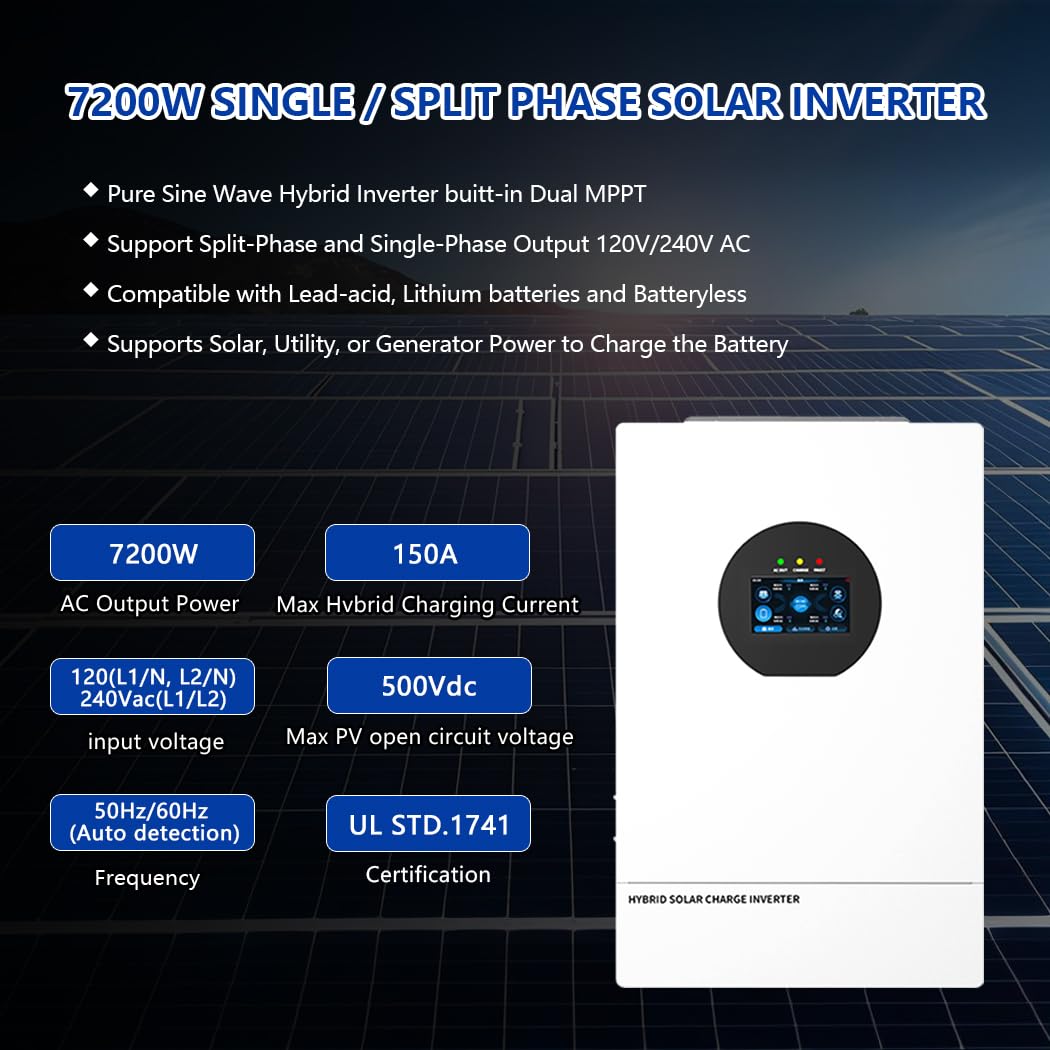 Y&H 7200W Solar Hybrid Inverter 48V DC to AC120V/240V Split Phase Pure Sine Wave, 150A MPPT Controller, UL1741, Supports Battery-Free,Off-Grid for Home/RV/Cabin, W i-Fi Remote, BMS Lithium Compatible