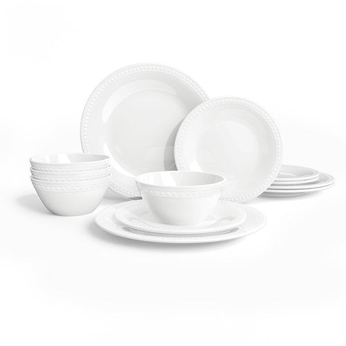 BEESEN Basic White Beaded Melamine Plastic Dinnerware Sets,12 Pieces Dishes Set, Lightweight Unbreakable, BPA Free, Plates and Bowls Set, Perfect for Indoor Outdoor Weddings & Everyday Meals
