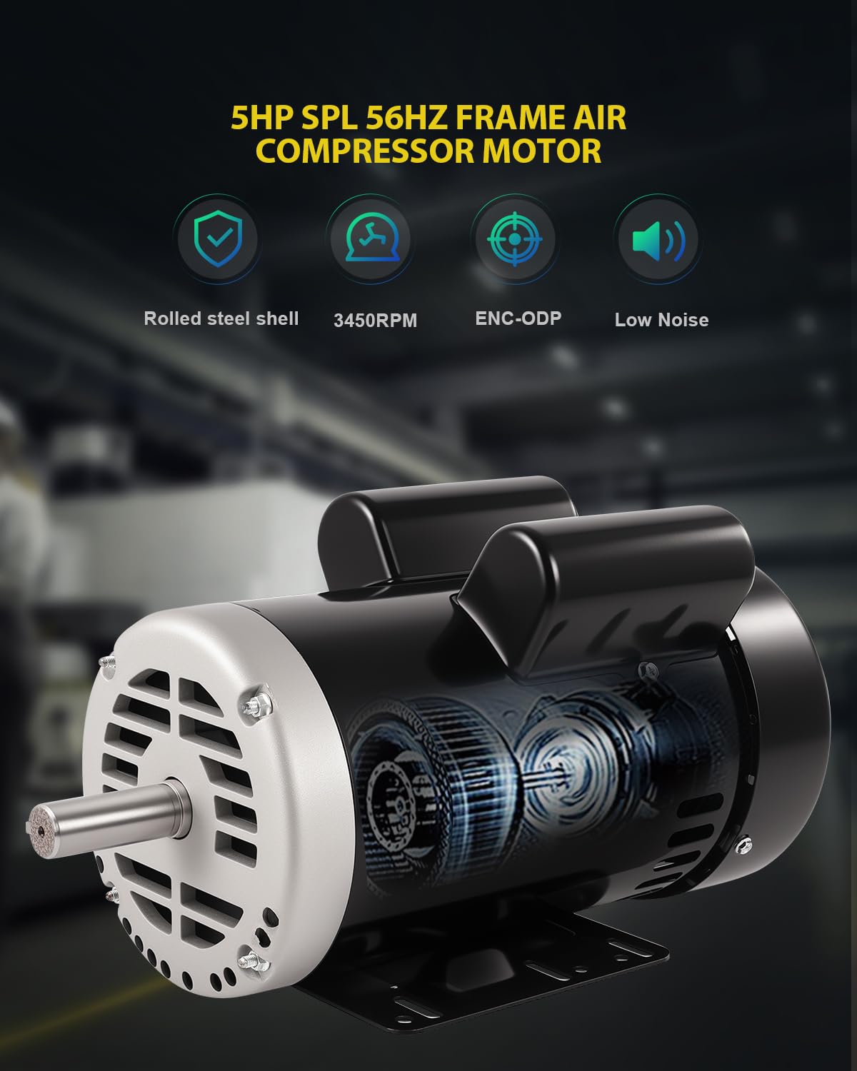 5HP Air Compressor Motor Electric Motor 3450 RPM 230V Single Phase 56HZ Frame 7/8" Keyed Shaft CCW/CW