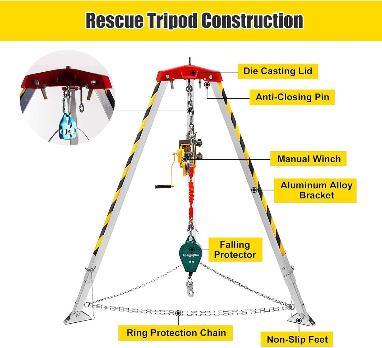 WEBUEP Industrial Rescue Tripod - 1200LBS Capacity Aluminum Hoist Tripod with Anti-Fall Self-Locking System, for Narrow Space Lifting & Emergency Retrieval, Manned Safety Equipment