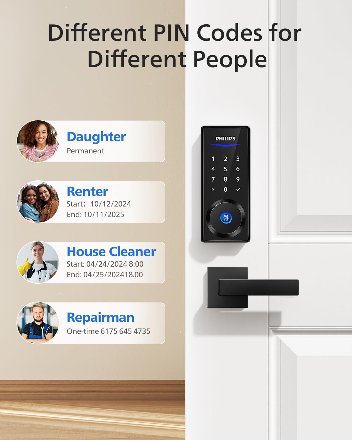 Philips Smart Lock with Handles, Keyless Entry Door Lock Set, Keypad Door Lock with 2 Level Handles, Digital Keypad Deadbolt for Front Door, App Fingerprint PIN Code Unlocking, Auto Locking