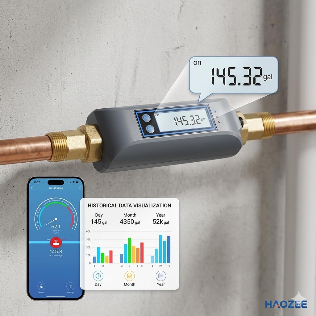 Haozee WiFi Smart Water Valve and Auto Shut-Off, Automation Scene Works with Leak Detector, Water Flow Meter, Built-in Battery, for 3/4" Diameter DN20 Pipe