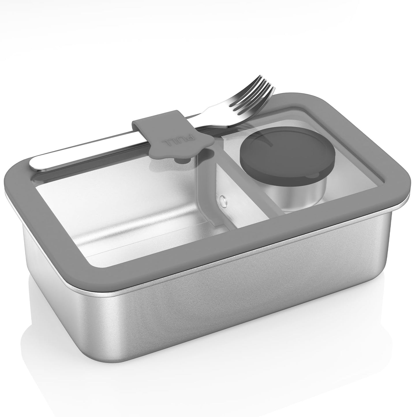 Bakpoco Stainless Steel Bento Box for Adult, 42oz Leak-Proof Metal Lunch Box Containers with Adjustable Divider, Microwave-Safe, Lunchbox with Glass Lid for Work Travel, Silver