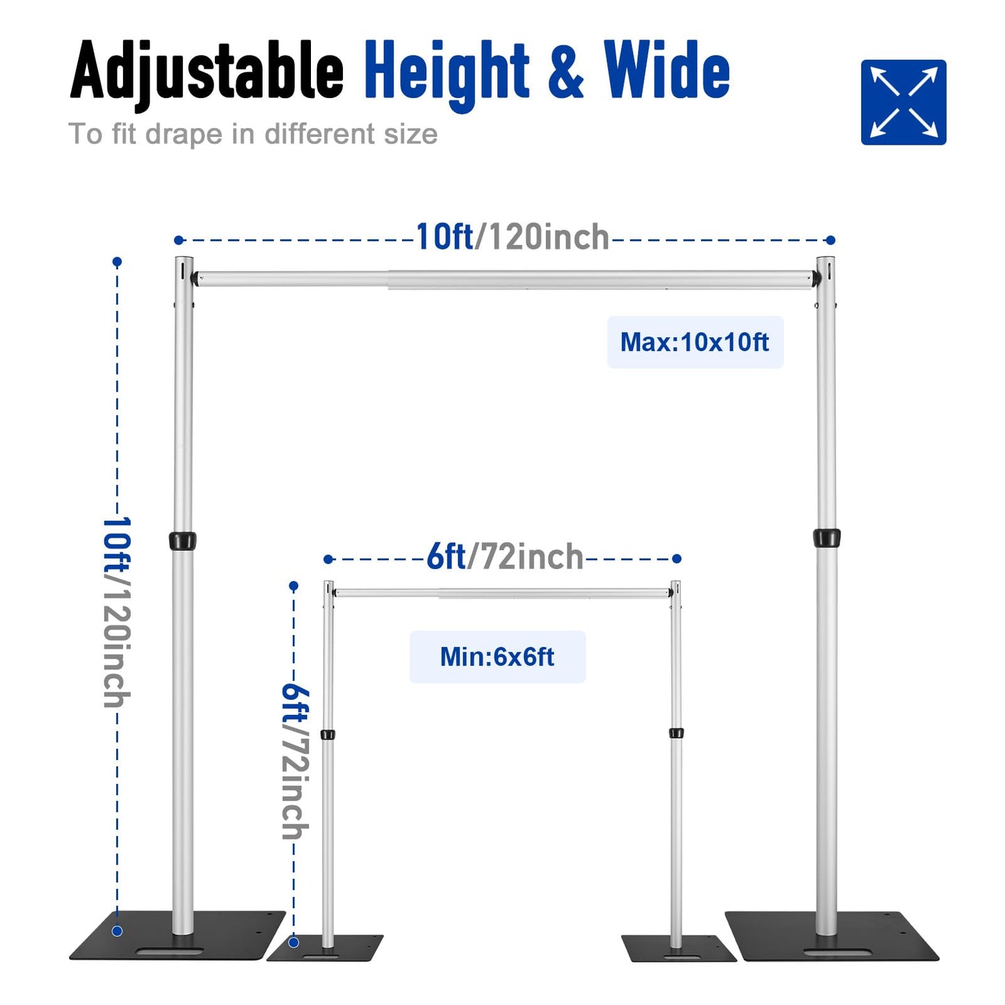 Hecis Heavy Duty Backdrop Stand, 10x10ft Pipe and Drape Stand Kit, Adjustable Arch Backdrop Stand, Back Drop Stand for Party Event, Trade Shows & Wedding Decor