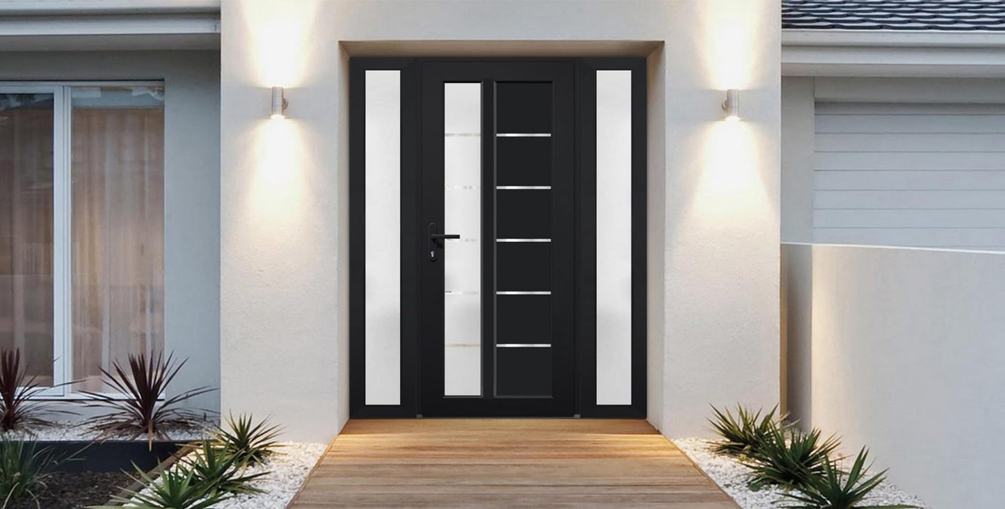 VDOMDOORS Front Exterior Prehung Fiberglass Door Frosted Glass/Manux 8088 Matte Black / 2 Side Exterior Windows/Entrance Patio Garage-W16+36+16" x H80-Right-hand Inswing