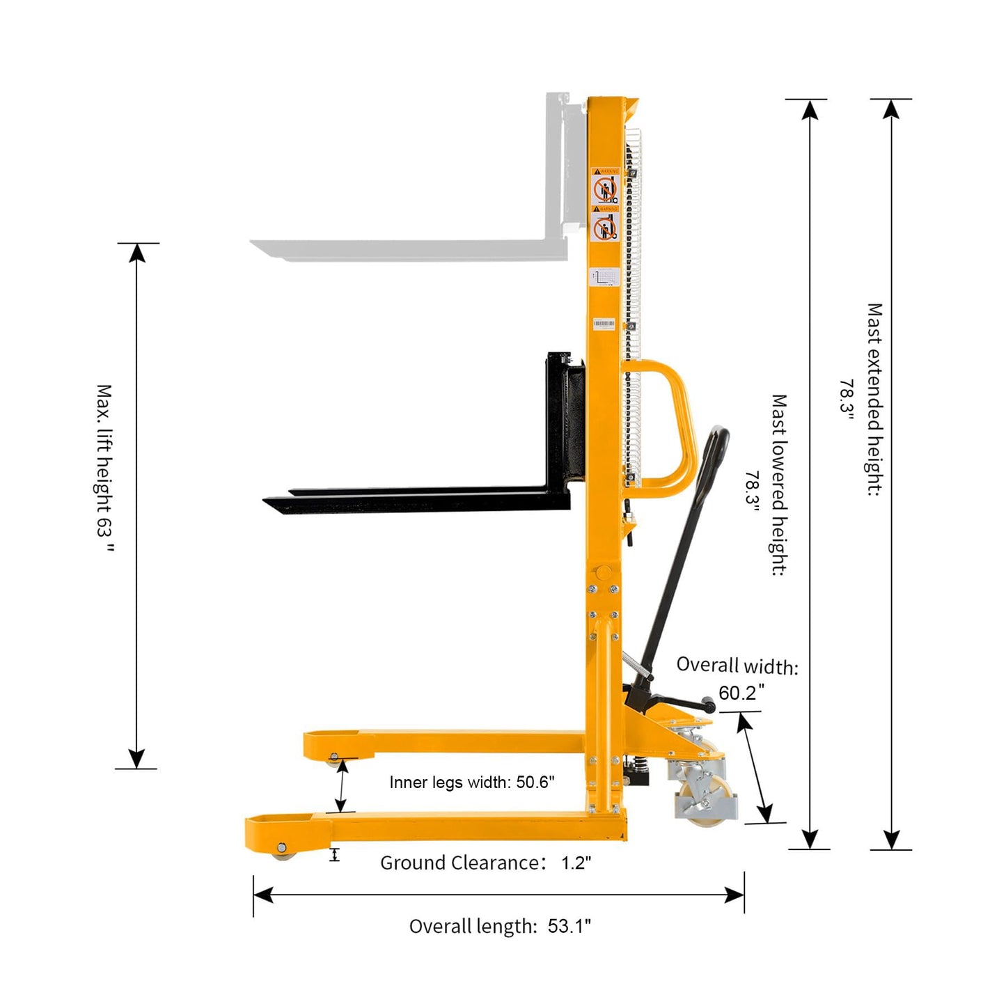 APOLLOLIFT 2 Pices Manual Forklift Pallet Stacker Lift Stacker Straddle Legs 1100lbs Capacity 63inch Max.Lifting Height Adjustable Forks