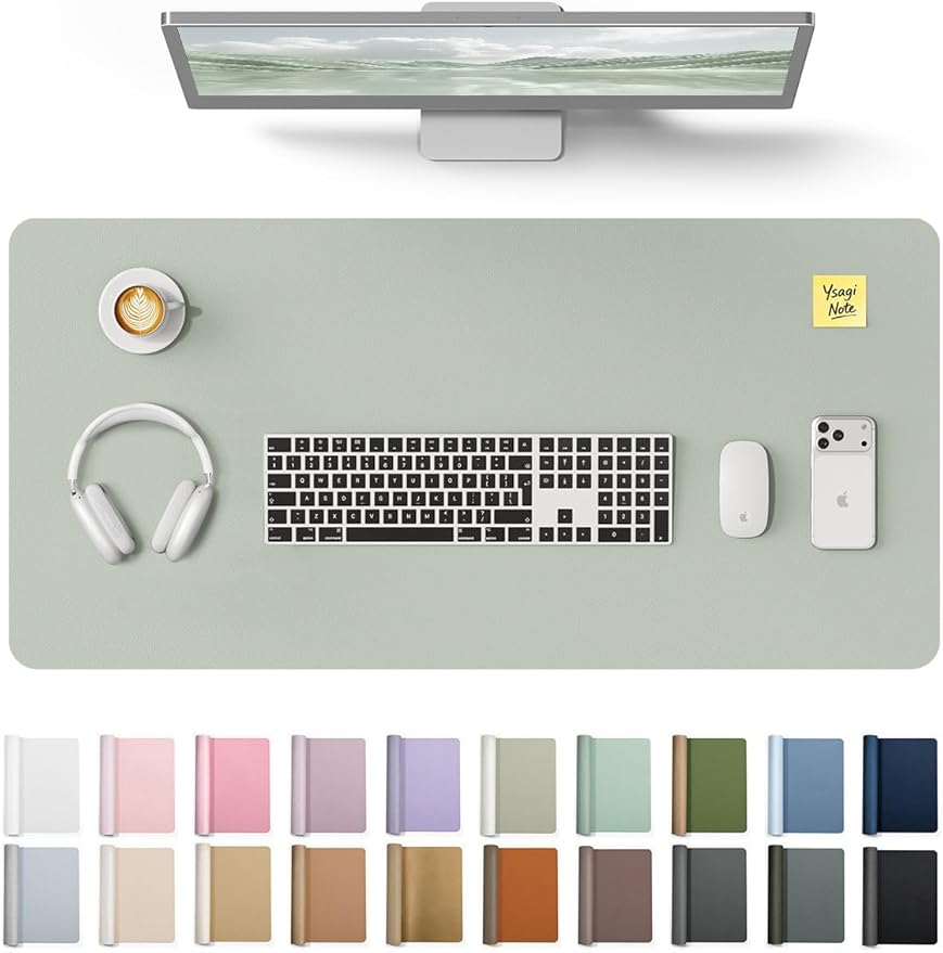 YSAGi Leather Desk Protector, Office Mat, Large Mouse Mat, Non-Slip PU Leather Blotter, Laptop Pad, Waterproof Writing Pad for Office and Home (Grayish Green, 31.5" x 15.8")