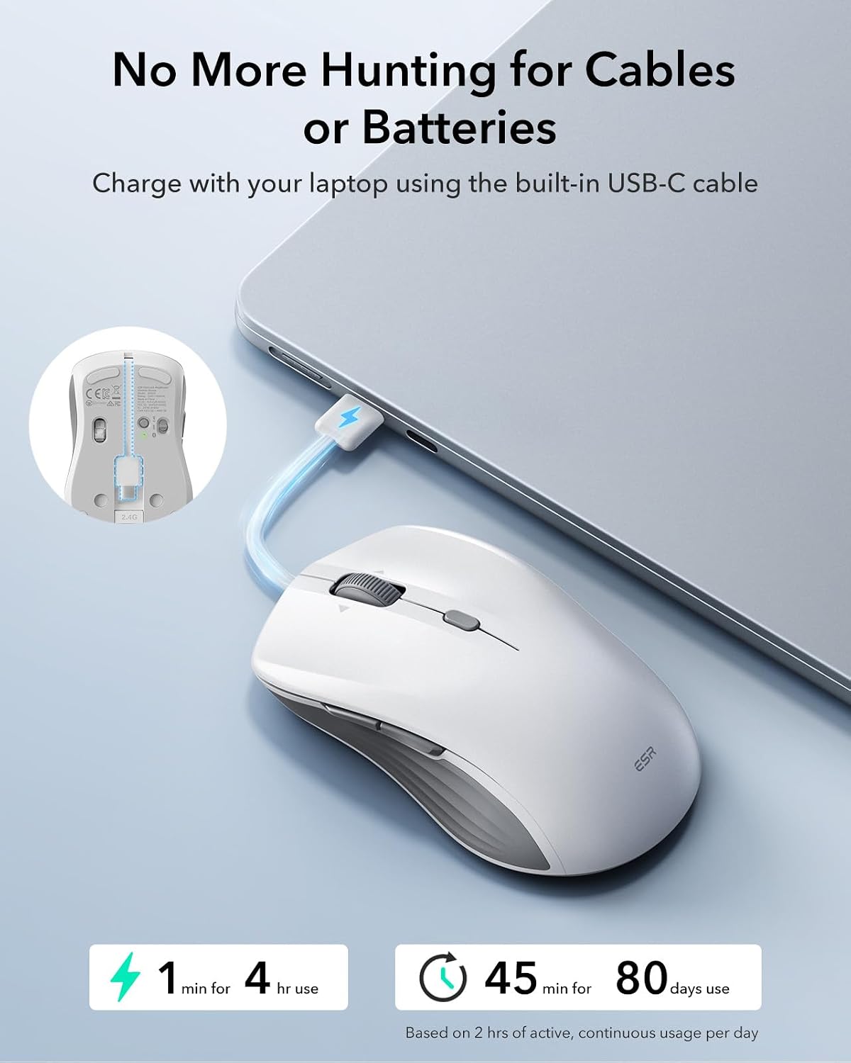 ESR 5.0 2.4 MagMouse Snap-to-Carry Bluetooth Mouse, Rechargeable Wireless Mouse for Laptop with Built-in Charging
