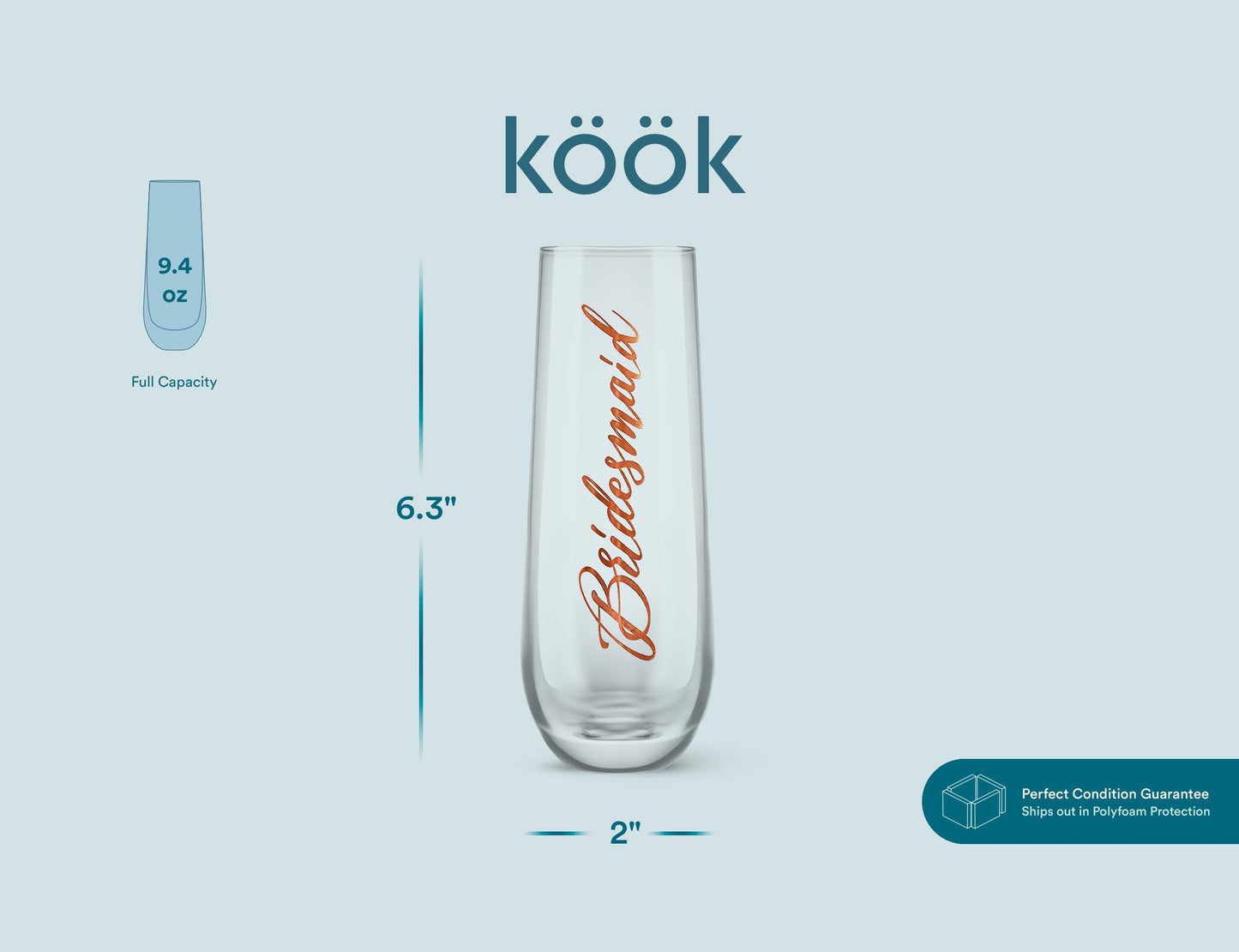 Bridesmaid Wine Glasses, Kook Bachelorette Party Champagne Glasses, 9.4 Oz (Bridal Set of 8), Stemless Glass Champagne Flutes, Cocktail Cups for Rose, Great for Weddings and Parties, Dishwasher Safe