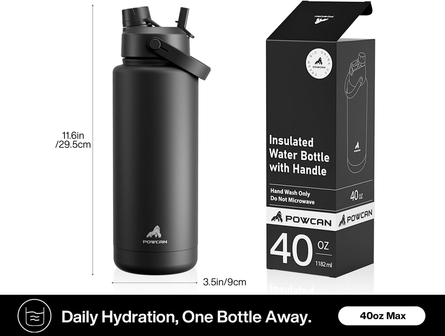 POWCAN 40 Oz Insulated Water Bottle - 2-in-1 Straw & Spout Lid | Keeps Drinks Cold 24H, Leak-Proof, BPA-Free (Dark Knight)