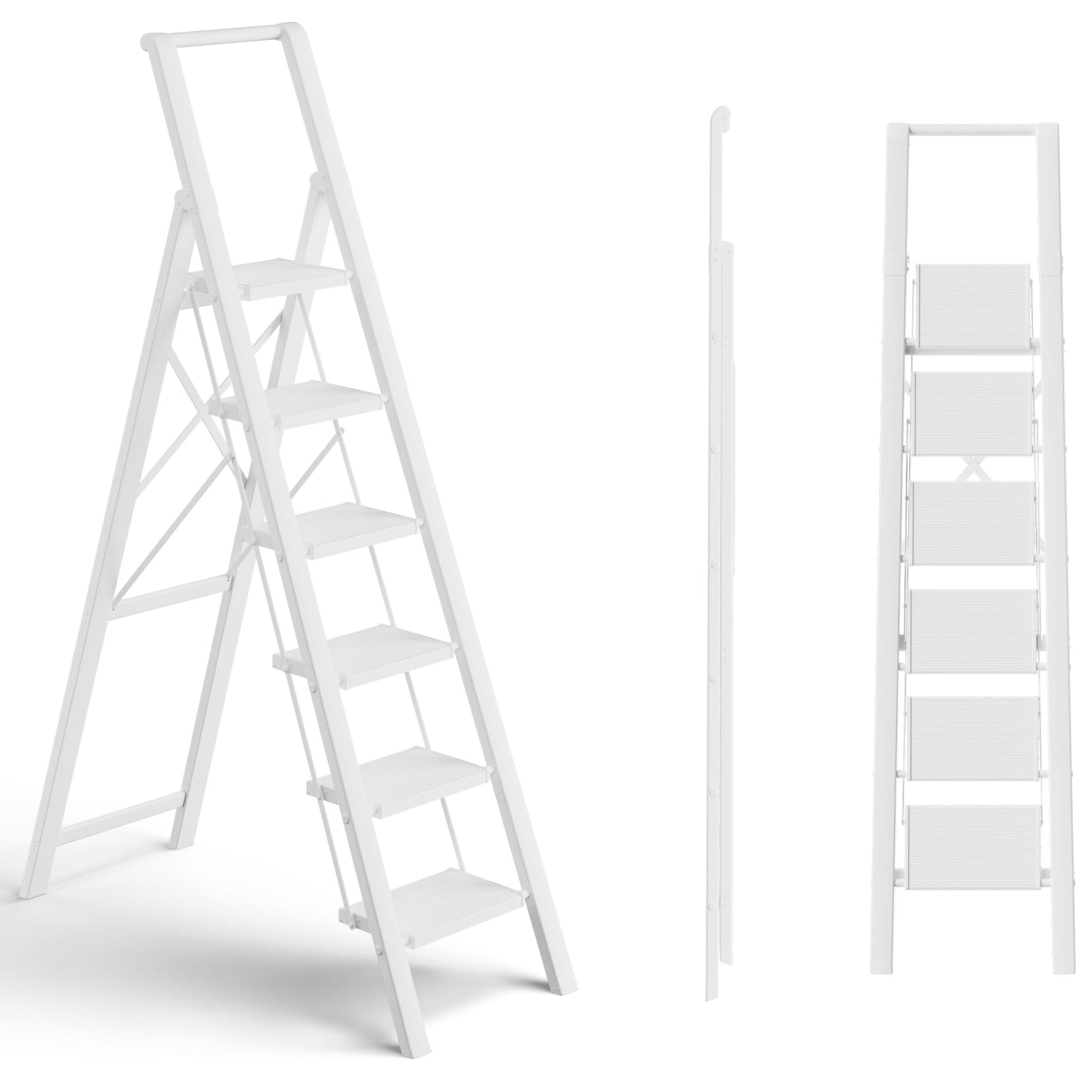 SOLADDER 6 Step Ladder, Folding Step Stool with Handgrip and Anti-Slip Wide Pedal, Portable Lightweight Aluminum Stepladder for Kitchen, Home, Library, Office (300 lbs Capacity) - White