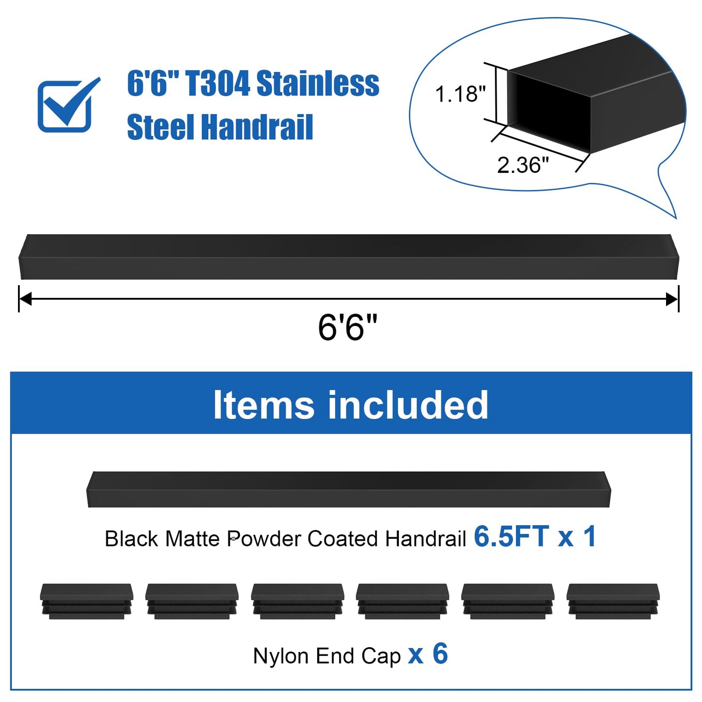 CKE 6'6" Stainless Steel Cable Railing Handrail for Indoor Outdoor Deck Stair Flat Top Rail Cable Railing System, Black Rectangular Handrail Cable Railing Kits with End Caps, HT01