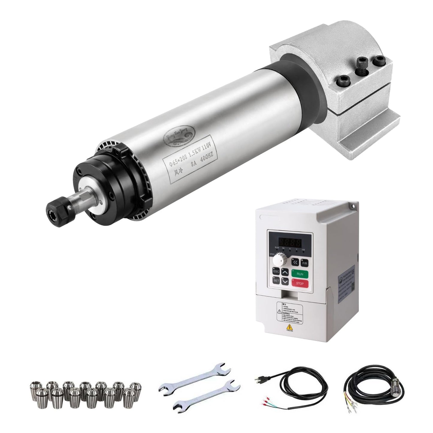 CNC Spindle Motor Kits, 110V 1.5KW Air Cooled Spindle CNC Spindle +110V 1.5KW VFD+Φ65mm Clamp Mount +Collet Set ER11+ Wires+ Wrenches for CNC Router Machine