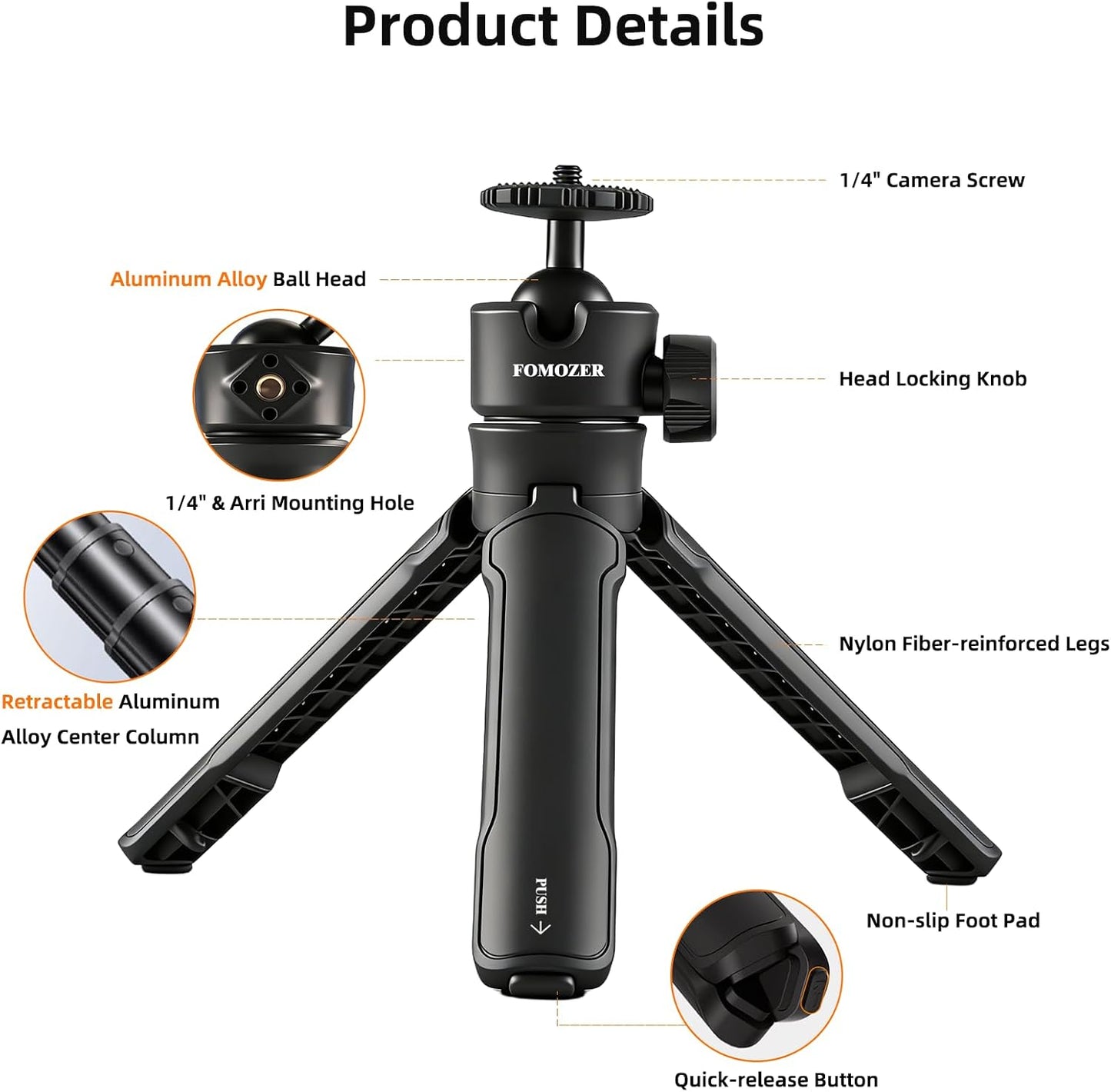 FOMOZER QT-01 Mini Tripod, One-Touch Auto Pop-Up, Adjustable Gimbal, Portable Compact Stand for iPhone, Action Camera