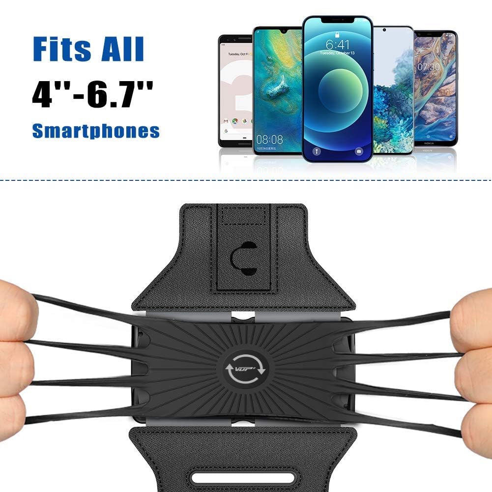 VUP Running Armband 360°Rotatable for iPhone 17/16/15/14/13/Pro Max/Pro/Mini/12/11/SE/Xs/XR/X/8/7/Plus, Fits All 4-6.7 Inch Smartphones, with Key Holder Phone Armband for Running Hiking Biking (Black)