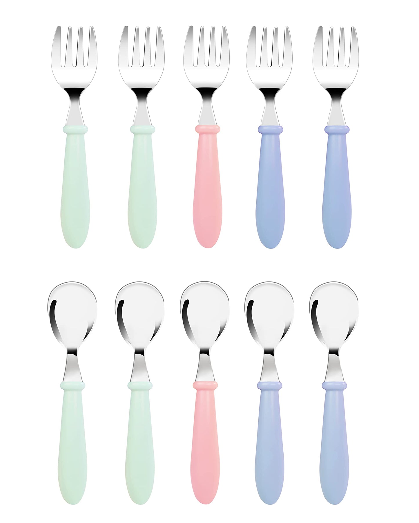 DF DUALFERV 10 pcs Toddler Utensils, Stainless Steel Toddler Silverware Set with Round Handle, Baby Forks for Self Feeding, 5 Forks and 5 Spoons