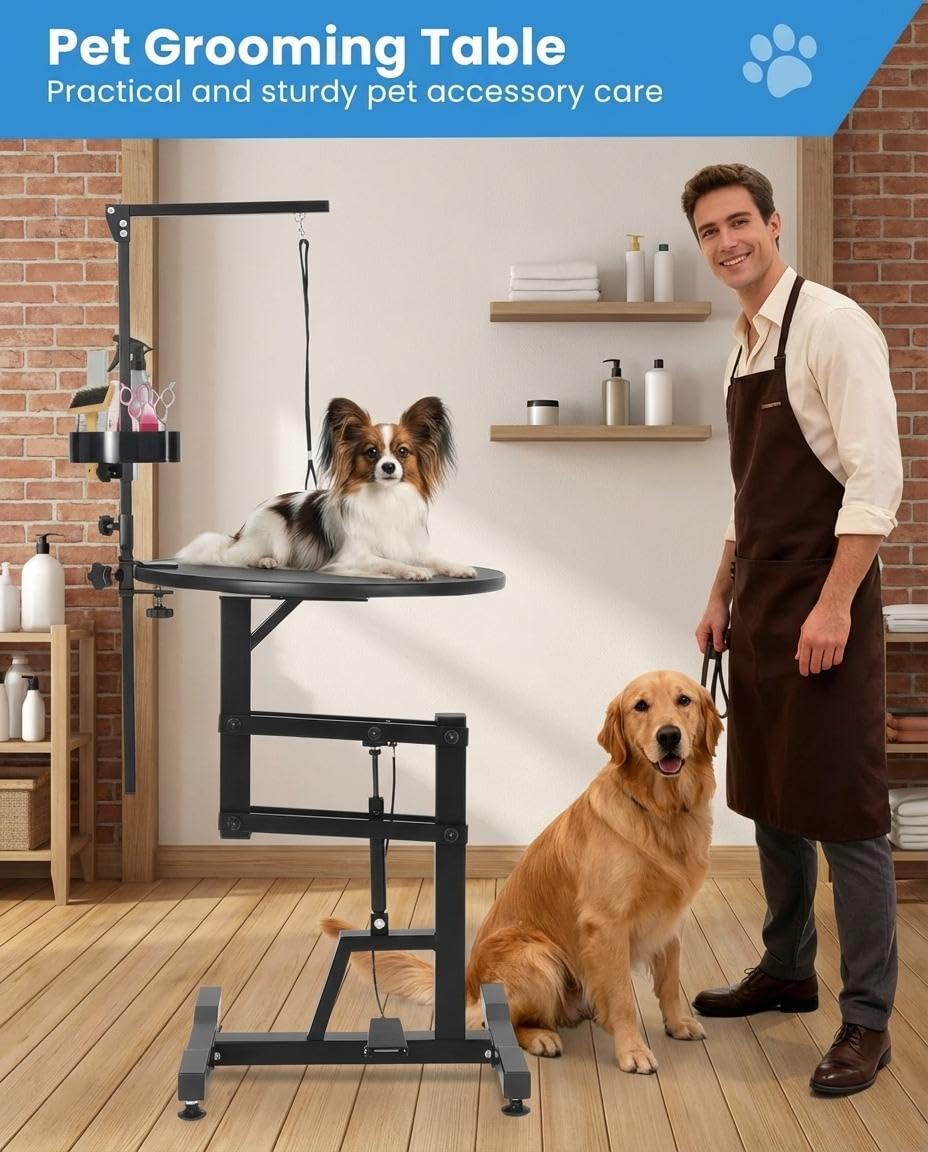 24" Hydraulic Lift Dog Grooming Table – Adjustable Height, 250LB Capacity, Non-Slip Silicone Top, Foldable for Home & Salon Use