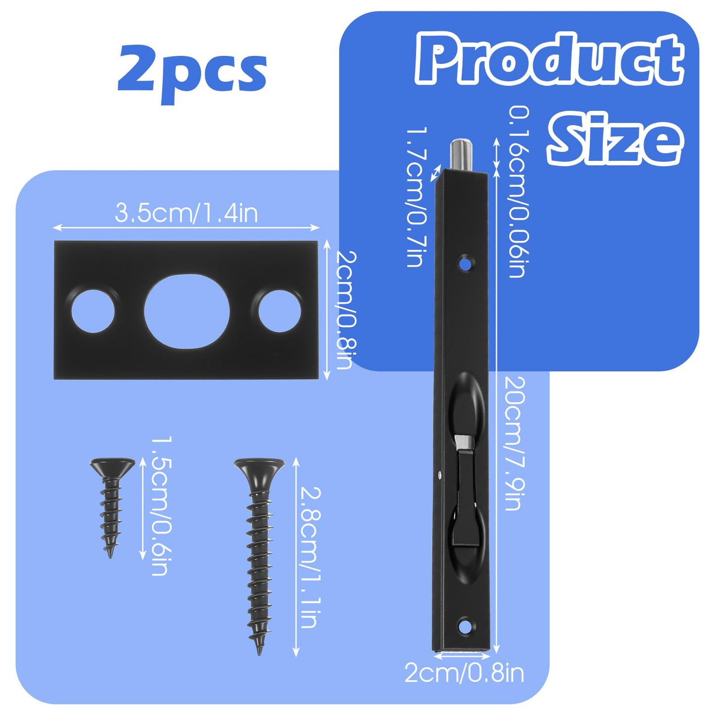 2 Pack Flush Bolt for Double Door, 8 Inch Stainless Steel French Door Lock with Three-Hole Plate and Screws, Flush Latch Bolts for Inactive Leaf Wood Double Dummy Doors(Black)