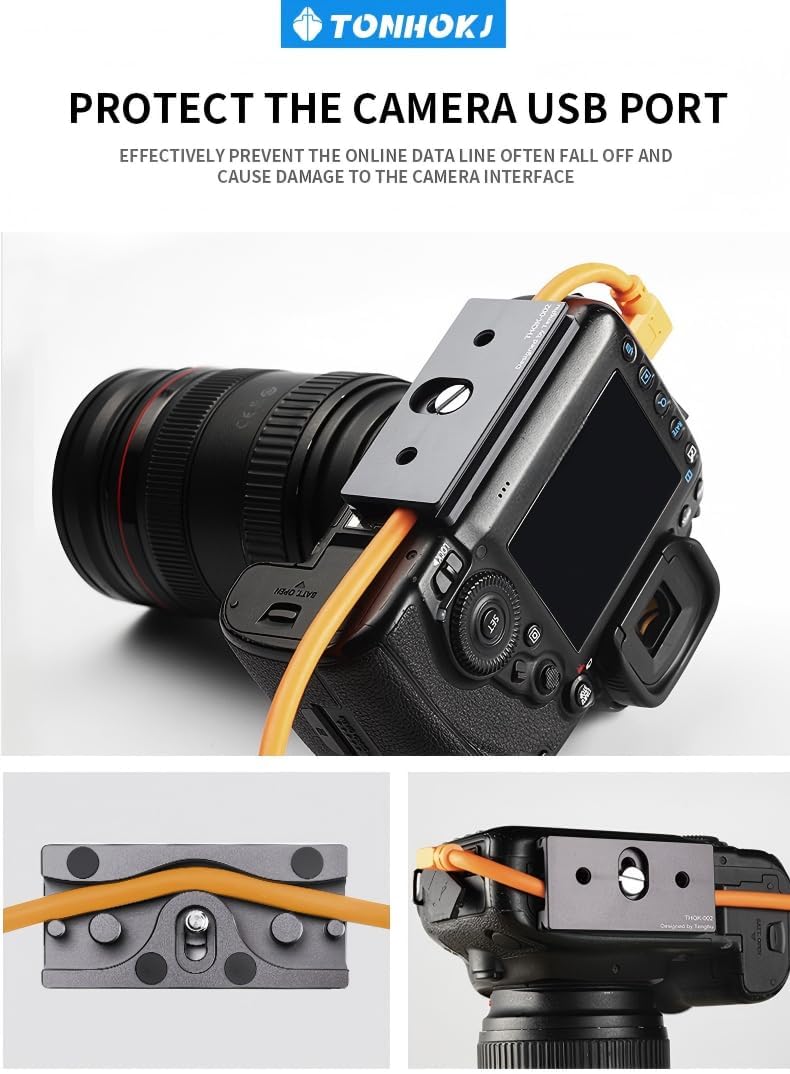 TONHOKJ Camera Cable Clamp Quick Release Plate, Aluminum DSLR Tethered Shooting Cable Lock Clip, HDMI USB Data Port