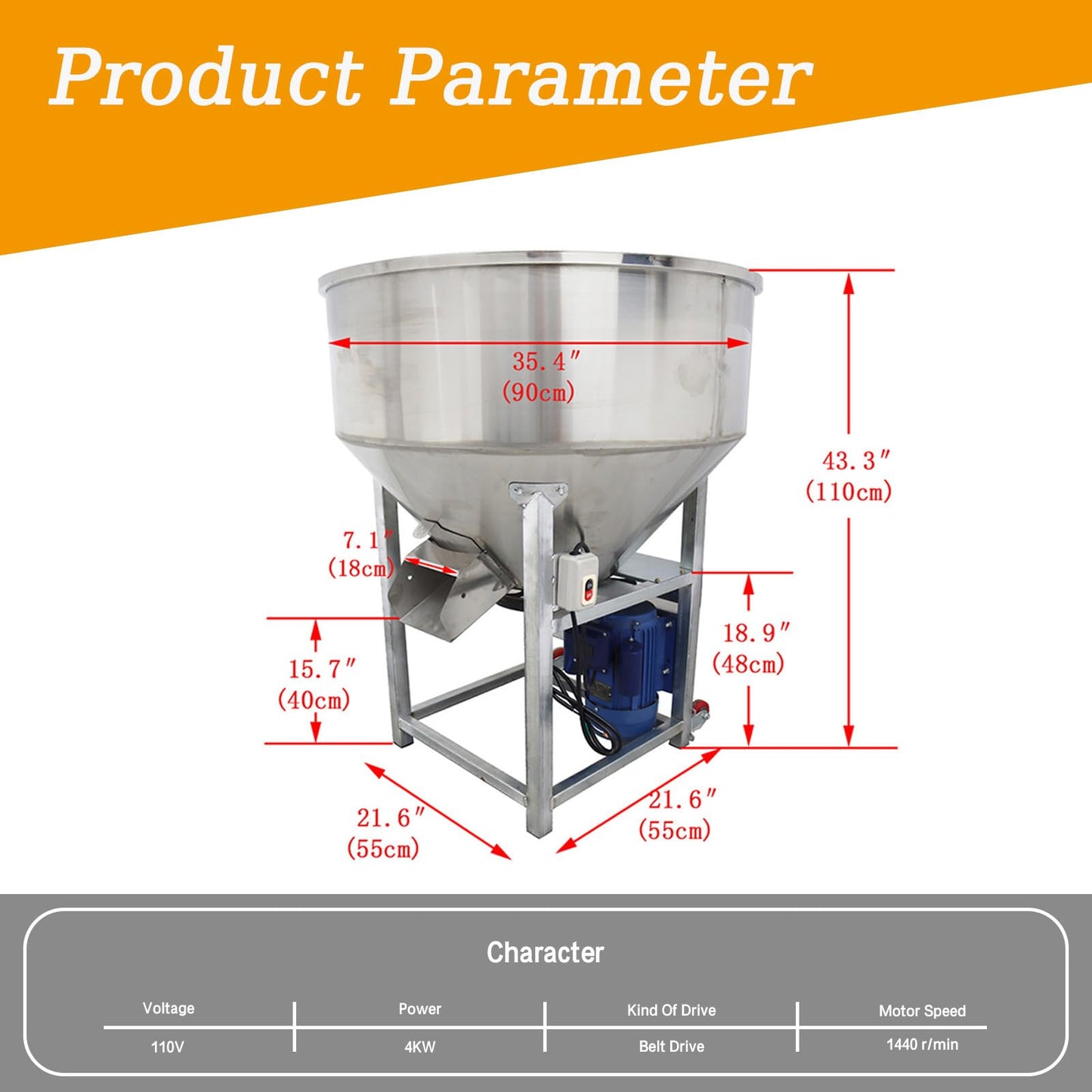 JARYANNIX 440LB Stainless Steel Feed Mixer, 110V 4KW Discharge Plastic Particles Mixing Machine with Spiral Stirring Blades, for Grain and Fertilizer Blending