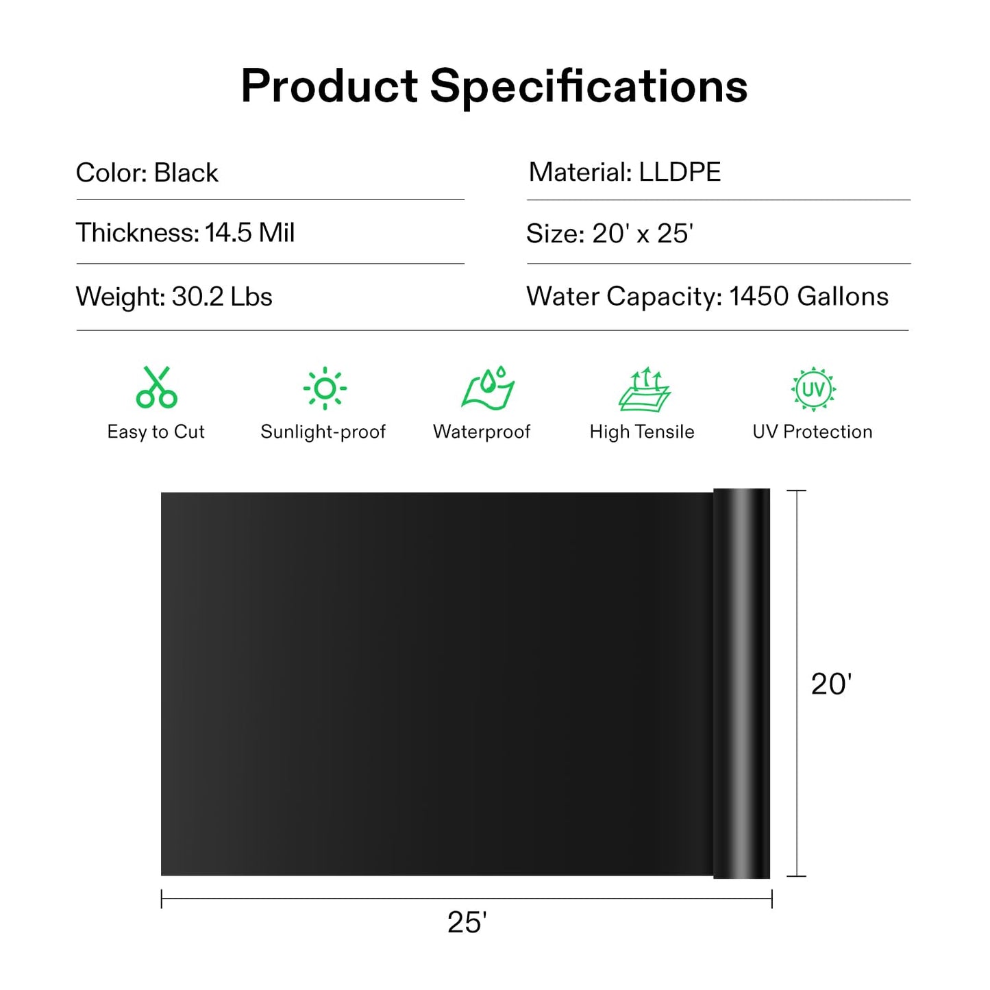 VIVOSUN 20 x 25 Feet Pond Liner, 14.5 Mil Durable LLDPE Pond Liners for Koi Ponds, Aquaculture and Water Gardens, Black