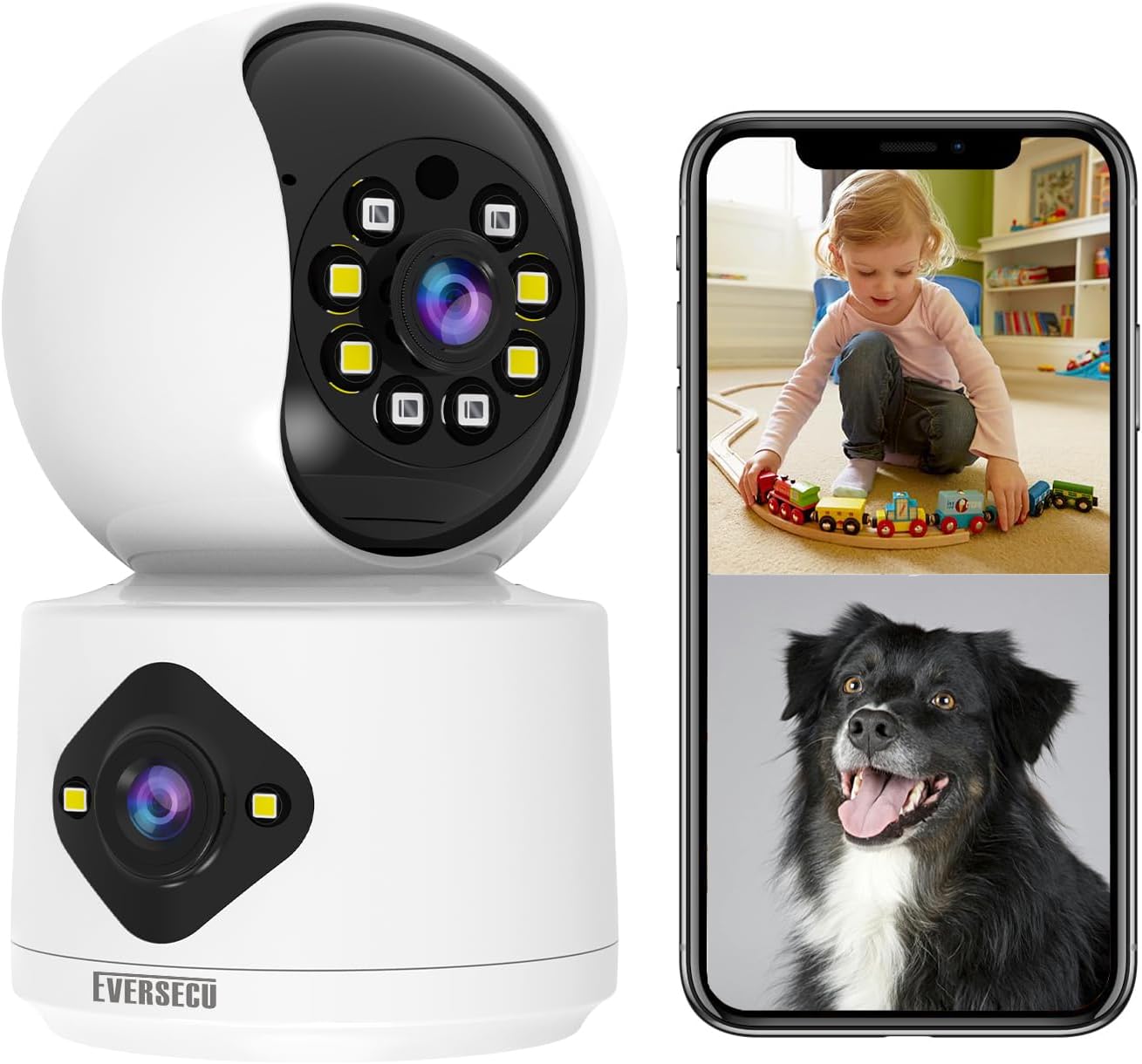 EVERSECU 2K 3MP 2.4GHz 2-Way Dual Lens Indoor Camera, WiFi Camera Wired for Home Baby, AI Motion Detection, Human Auto