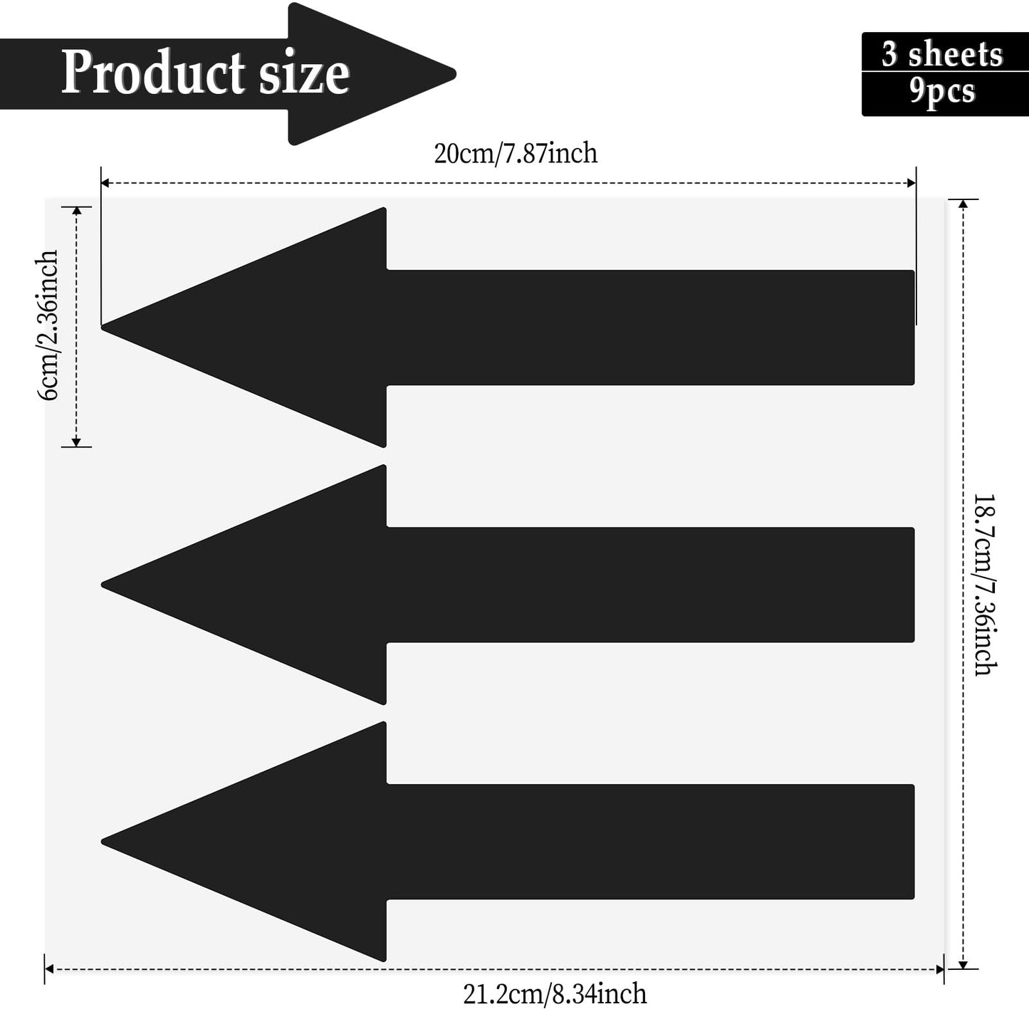 9 Pcs Black Arrow Stickers for Signs 7.8" Adhesive Arrows for Sign Large Vinyl Arrow Stickers Waterproof for Wall Marking Floor Road Instructions Arrows Marking (3 Sheets)