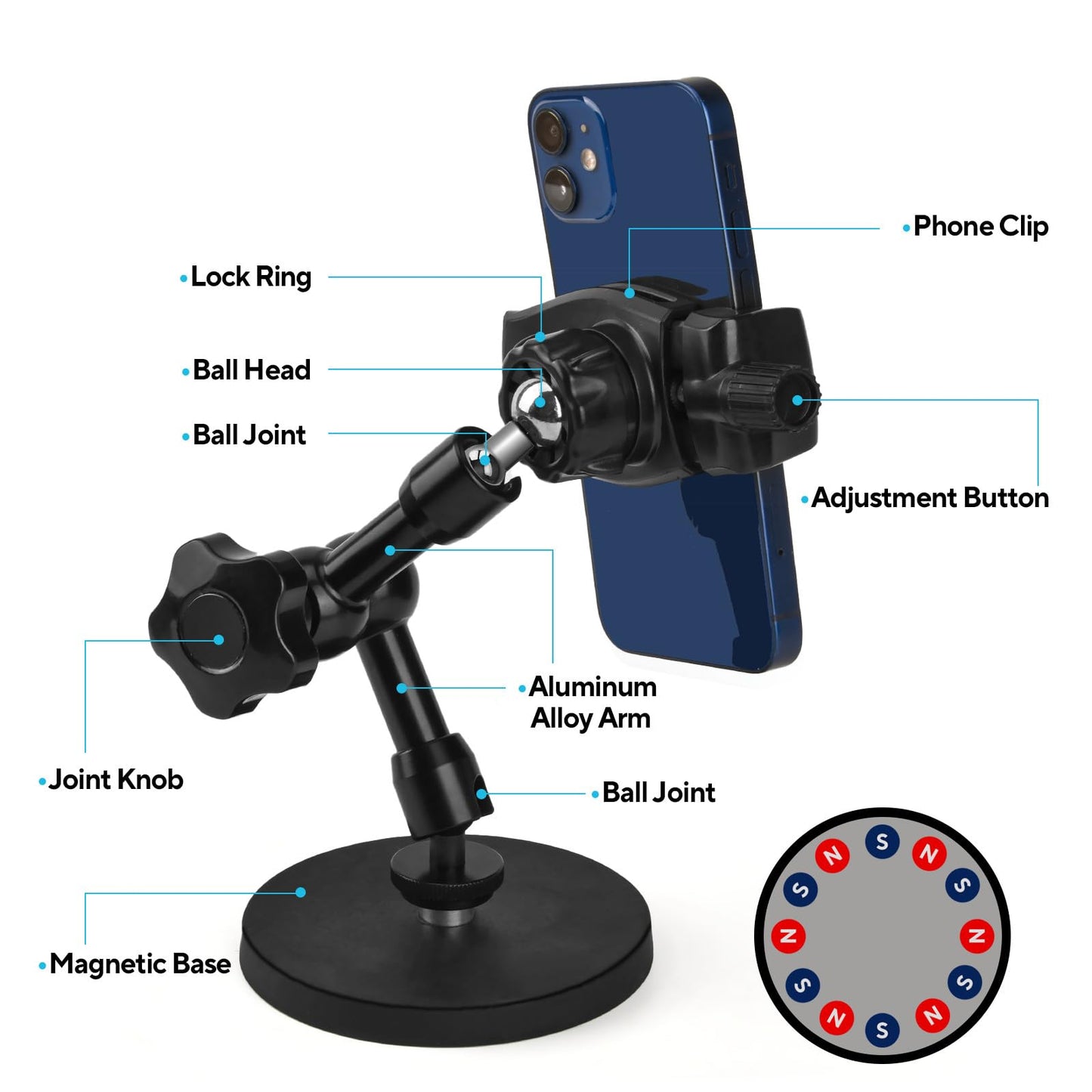 HOYXUN Magnetic Phone Holder for Gym, Magnetic Phone Mount with 3.46" Super Strong Magnetic Base, 360° Adjustable Metal Arm, Fit for All Smartphones