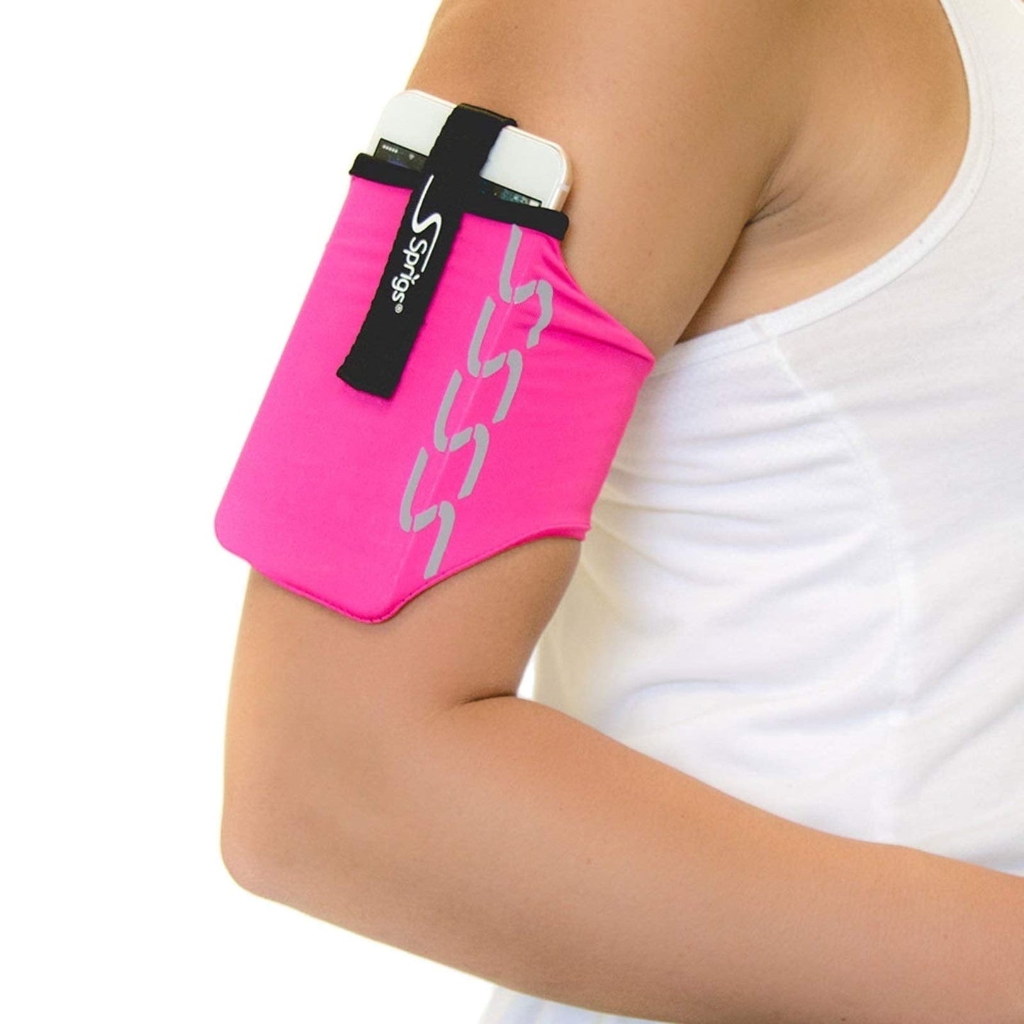 Sprigs Armband for iPhone 11/x/xr/8/7 Plus, Galaxy S10/S9, Google Pixel 4. Lightweight & Comfortable Running Armband, Stretches to Fit All Phones with Case - Hot Pink, Medium
