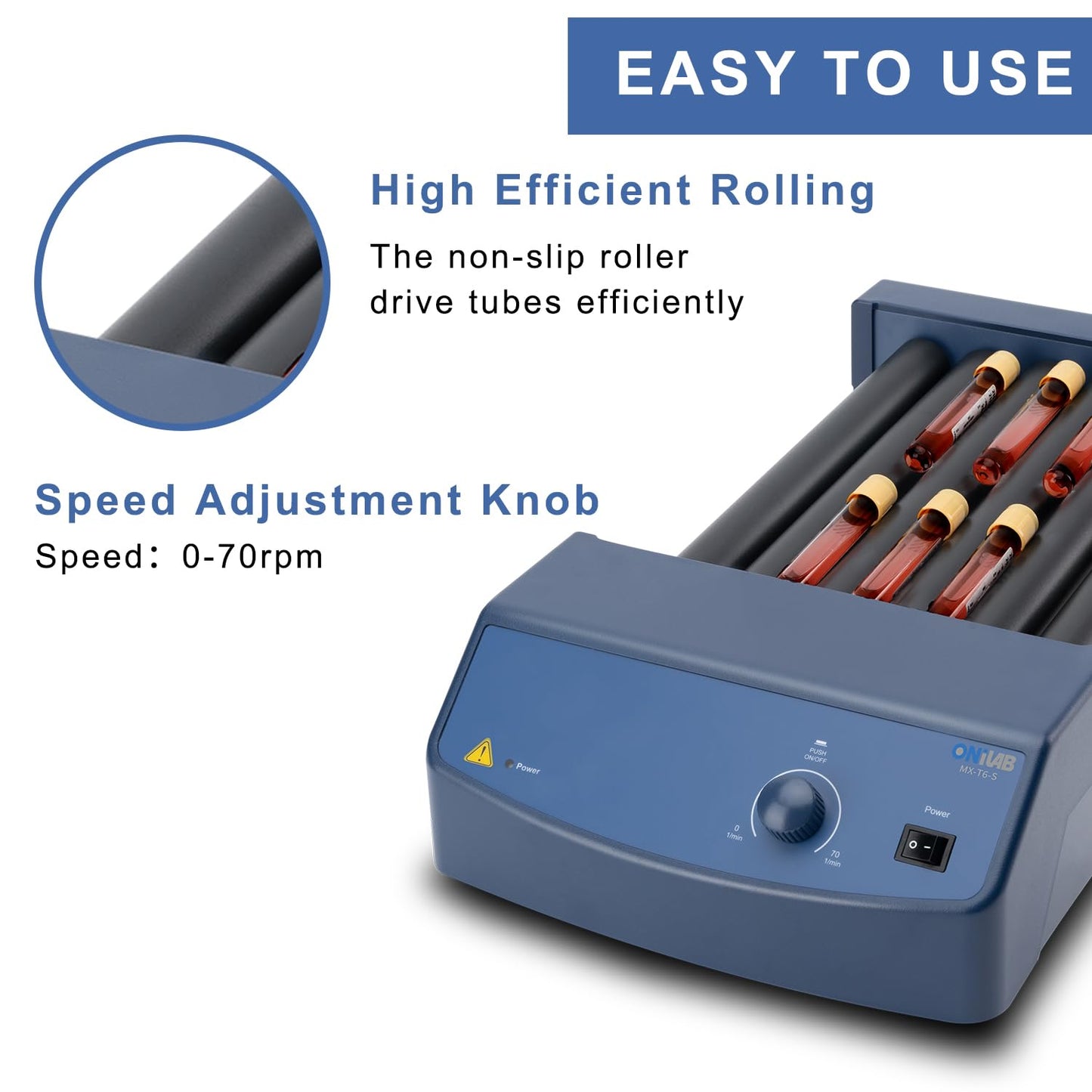 ONiLAB Tube Roller Mixer Adjustable Speed 0-70RPM with Continuous Mode, Use with 1.5 ml, 15ml & 50ml Centrifuge and Test Tubes