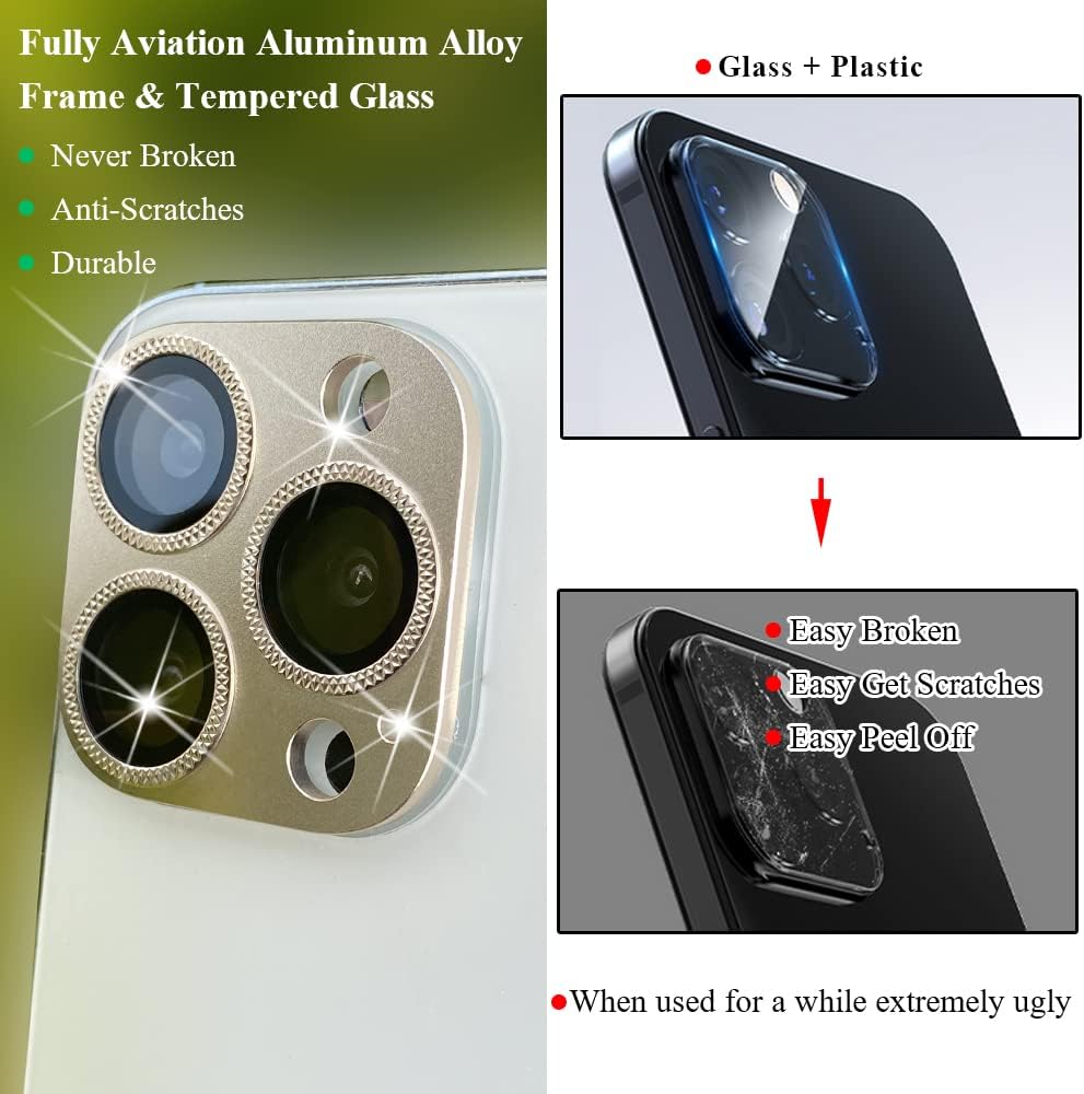 2 Pack 13 9H Camera Lens Protector Compatible for iPhone Pro/Max,Aluminum Alloy Metal & Tempered Glass Camera Cover