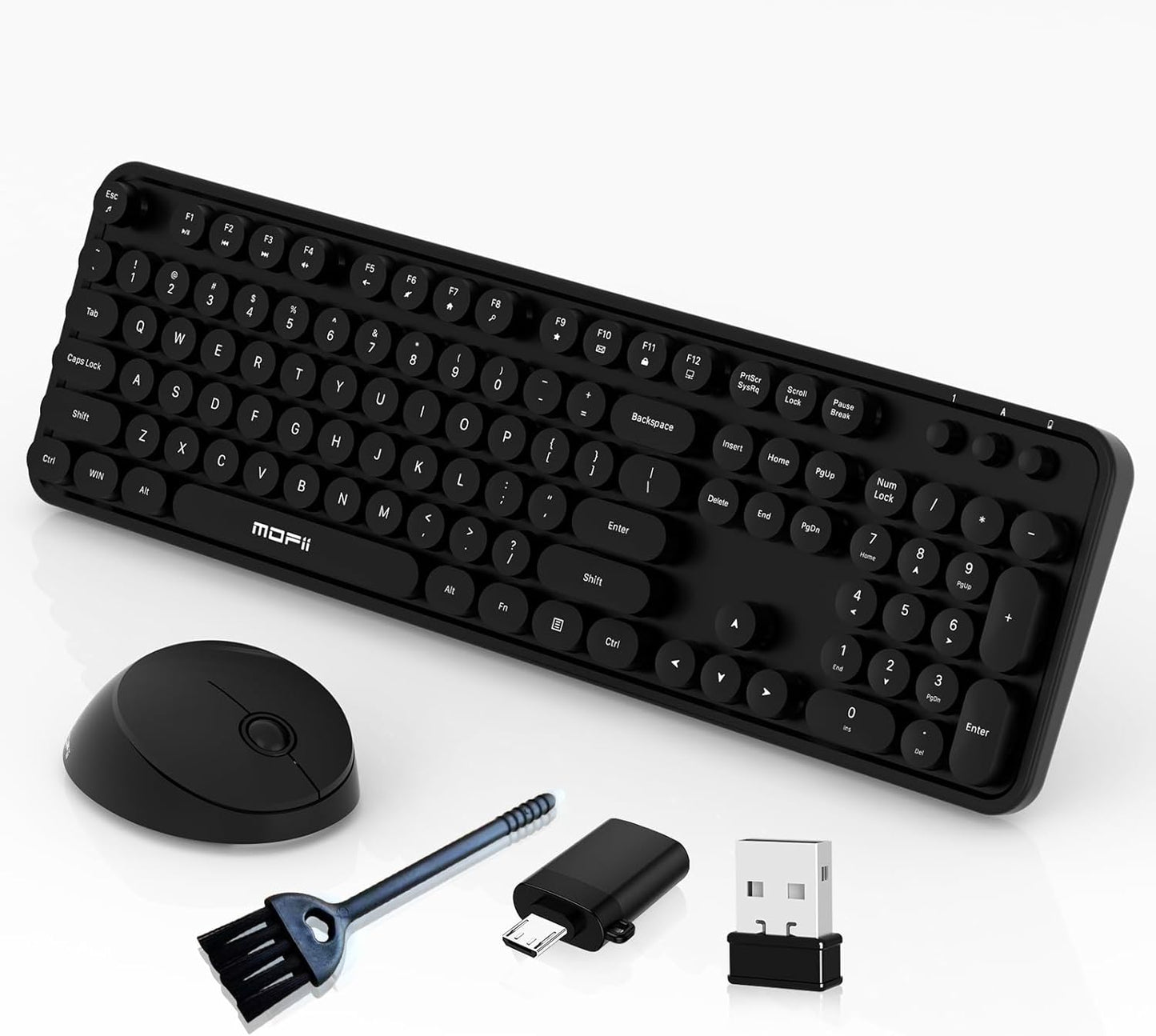 MOFII 104 Wireless Keyboard and Mouse Combo, Keys Full-Size Retro Round Keys Typewriter Keyboards Ergonomic Keyboards