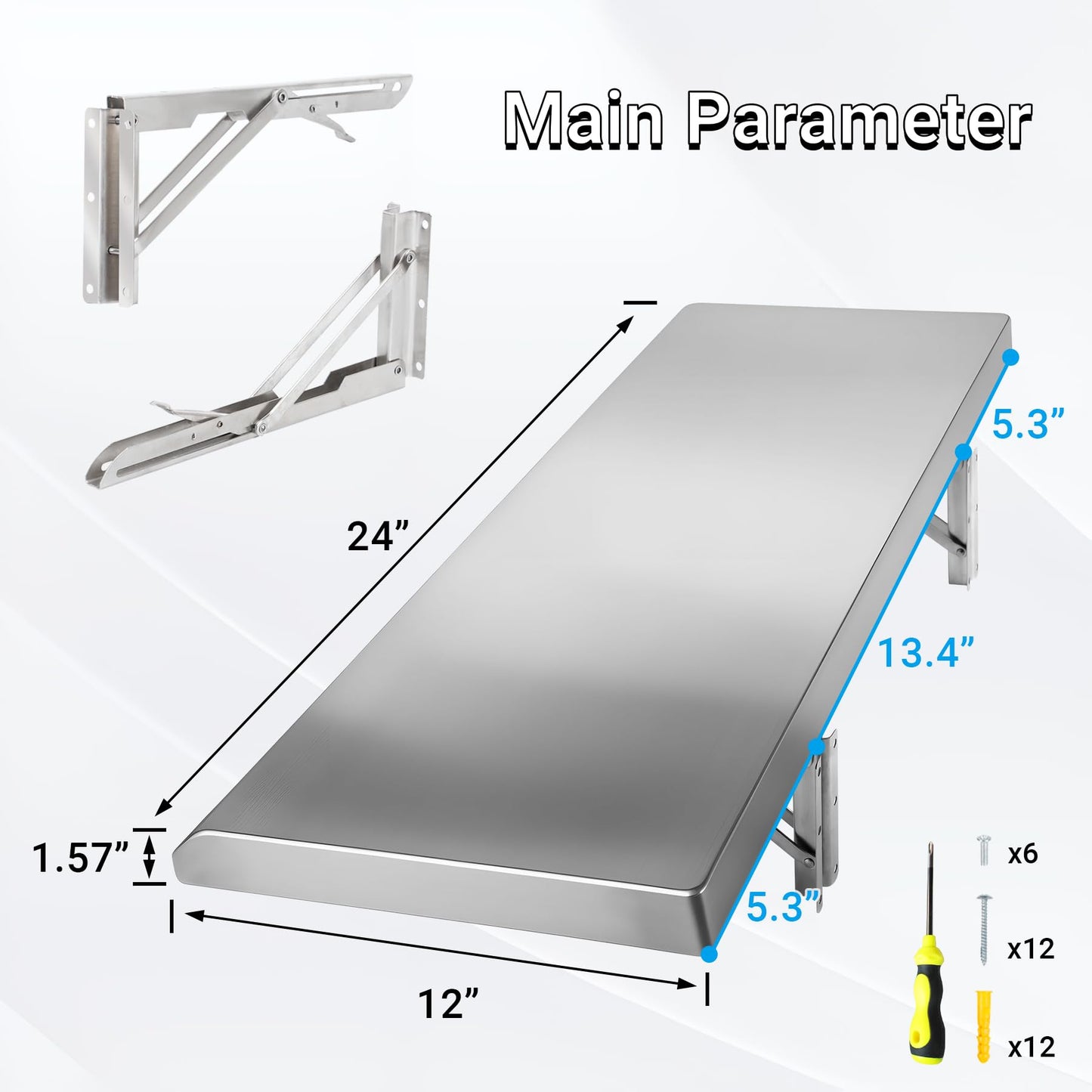 Toriexon Folding Concession Shelf 24" x 12", Stainless Steel Drop Down Folding Serving Food Shelf for Concession Windows